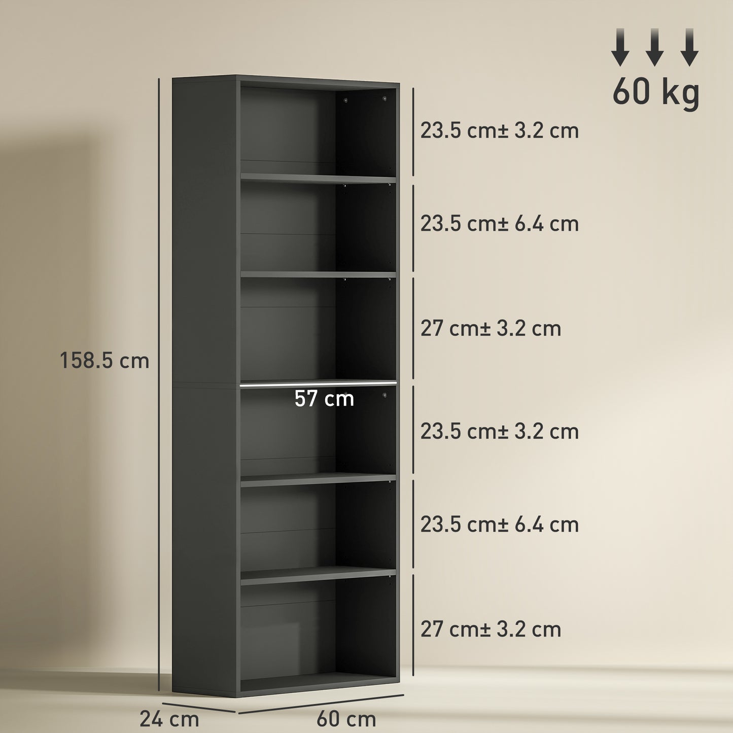 HOMCOM 6 Tier Bookshelf, Freestanding Bookcase with Adjustable Shelves, Storage Unit for Living Room, Bedroom, Study, Black
