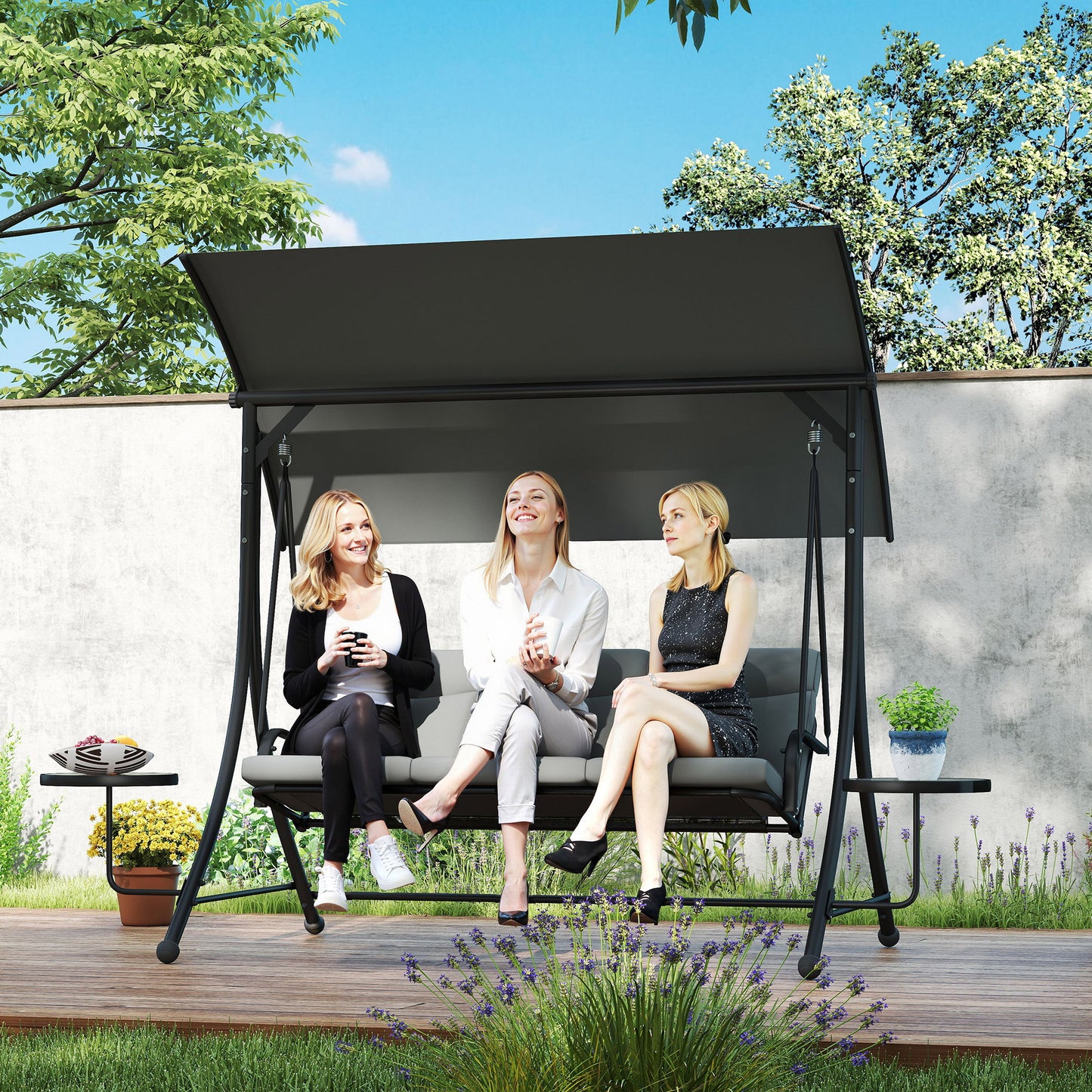 Outsunny 3 Seater Garden Swing Chair with Adjustable Canopy, Cushion and Coffee Tables for Outdoor Dark Grey