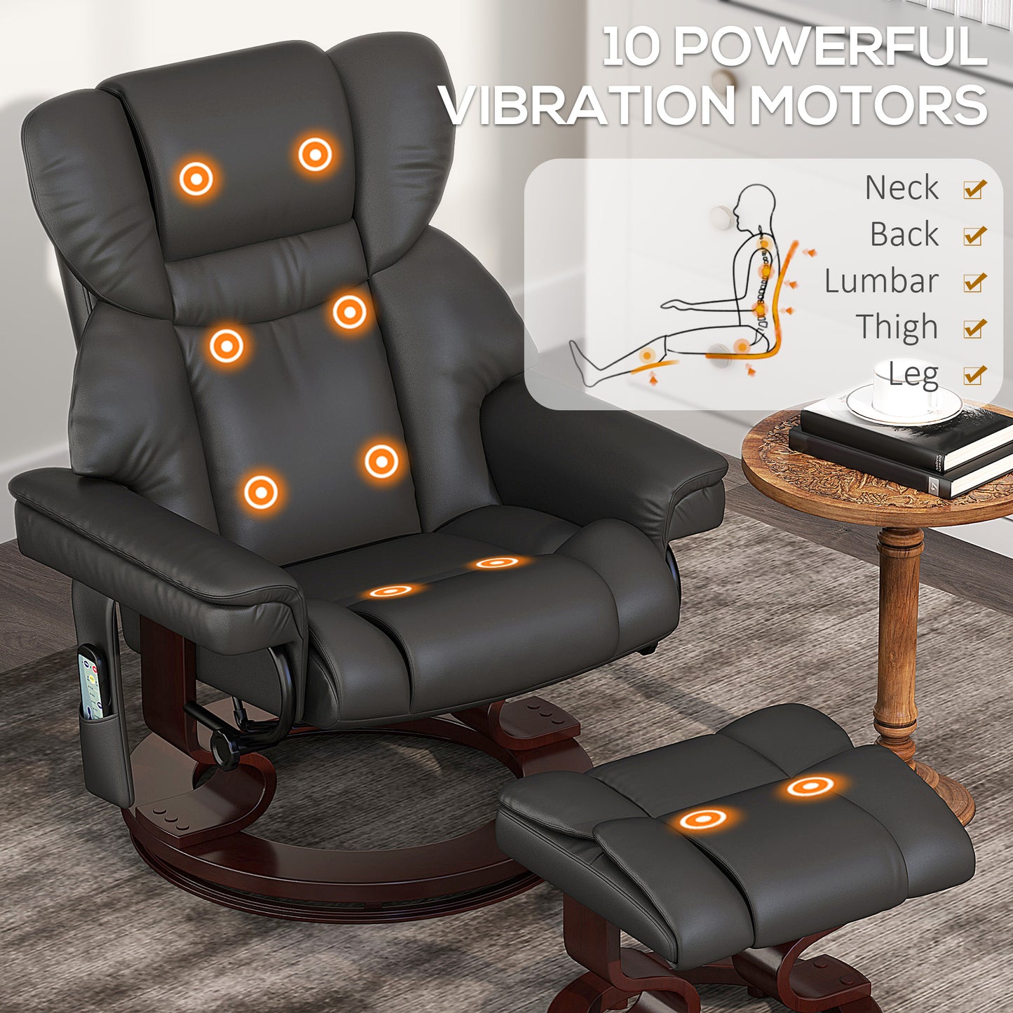 HOMCOM Massage Recliner Chair with Footstool, Upholstered Reclining Armchair, Adjustable Backrest, Steel Frame, Wood Base, Swivel, Black