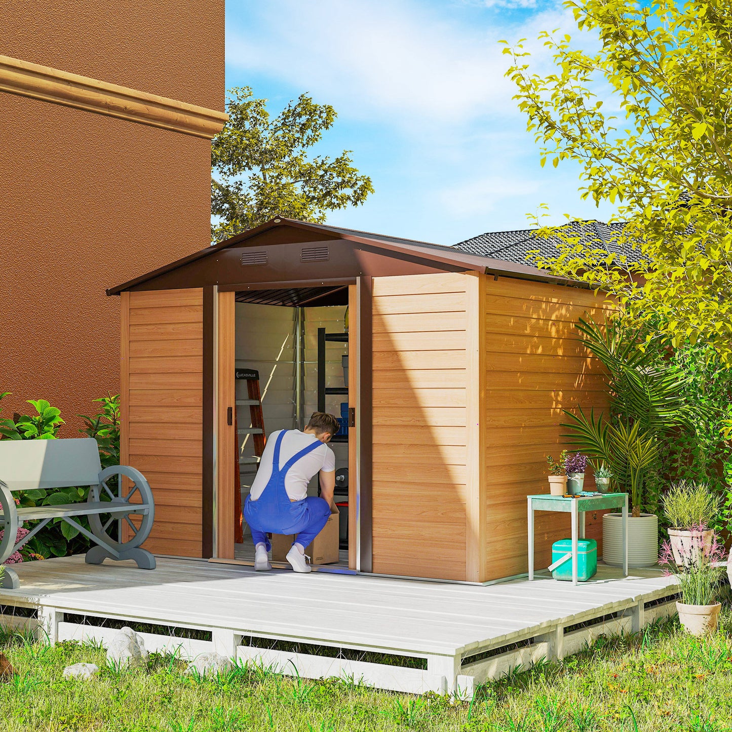 Outsunny 9 x 6ft Galvanised Steel Shed - Brown Wood-Effect