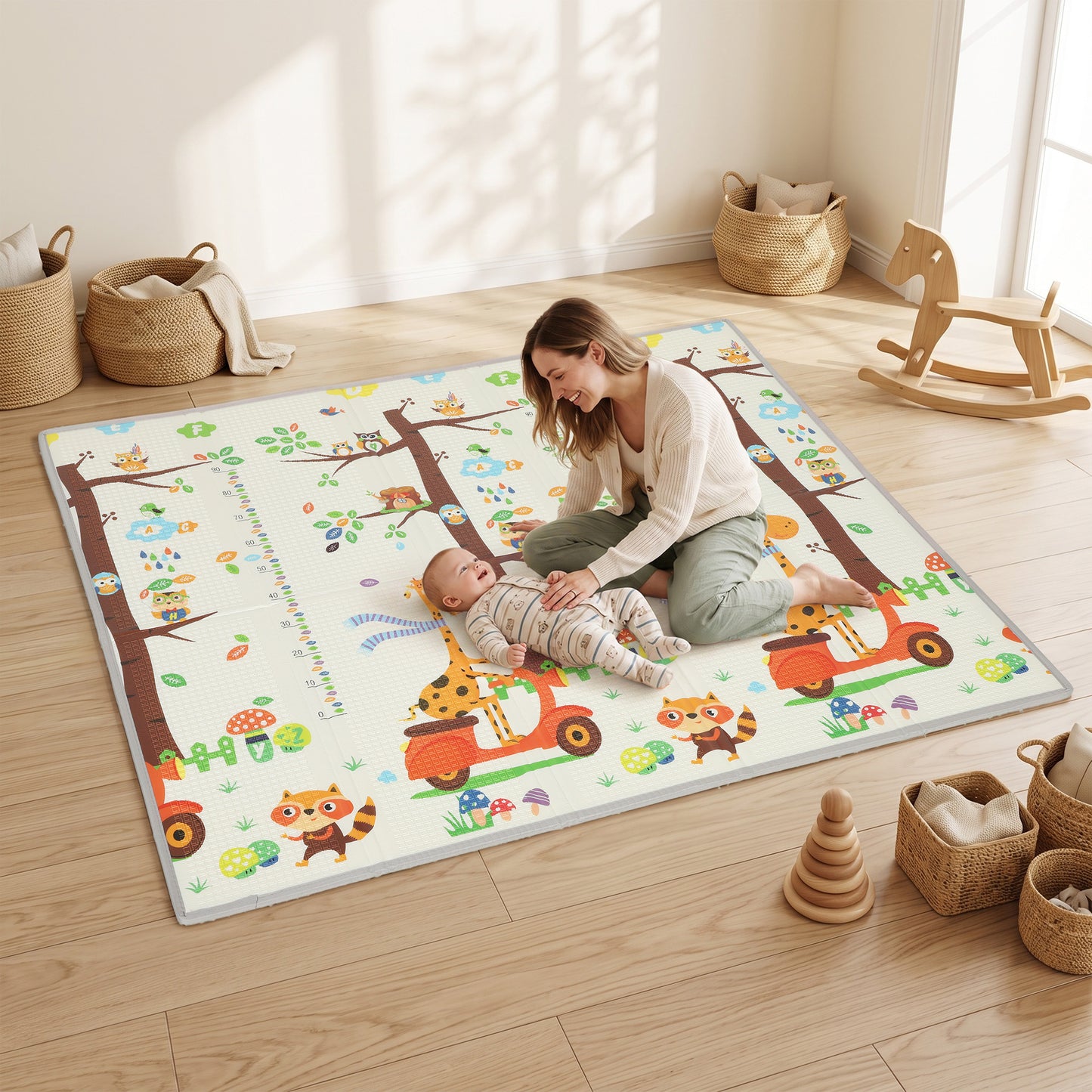 AIYAPLAY Foldable Reversible Baby Play Mat 200 x 180 cm, Waterproof, Non-Slip for Crawling and Learning, Tree & Forest Theme