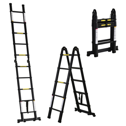 DURHAND 3.2m Telescopic Ladder with Anti-slip Pedals Black