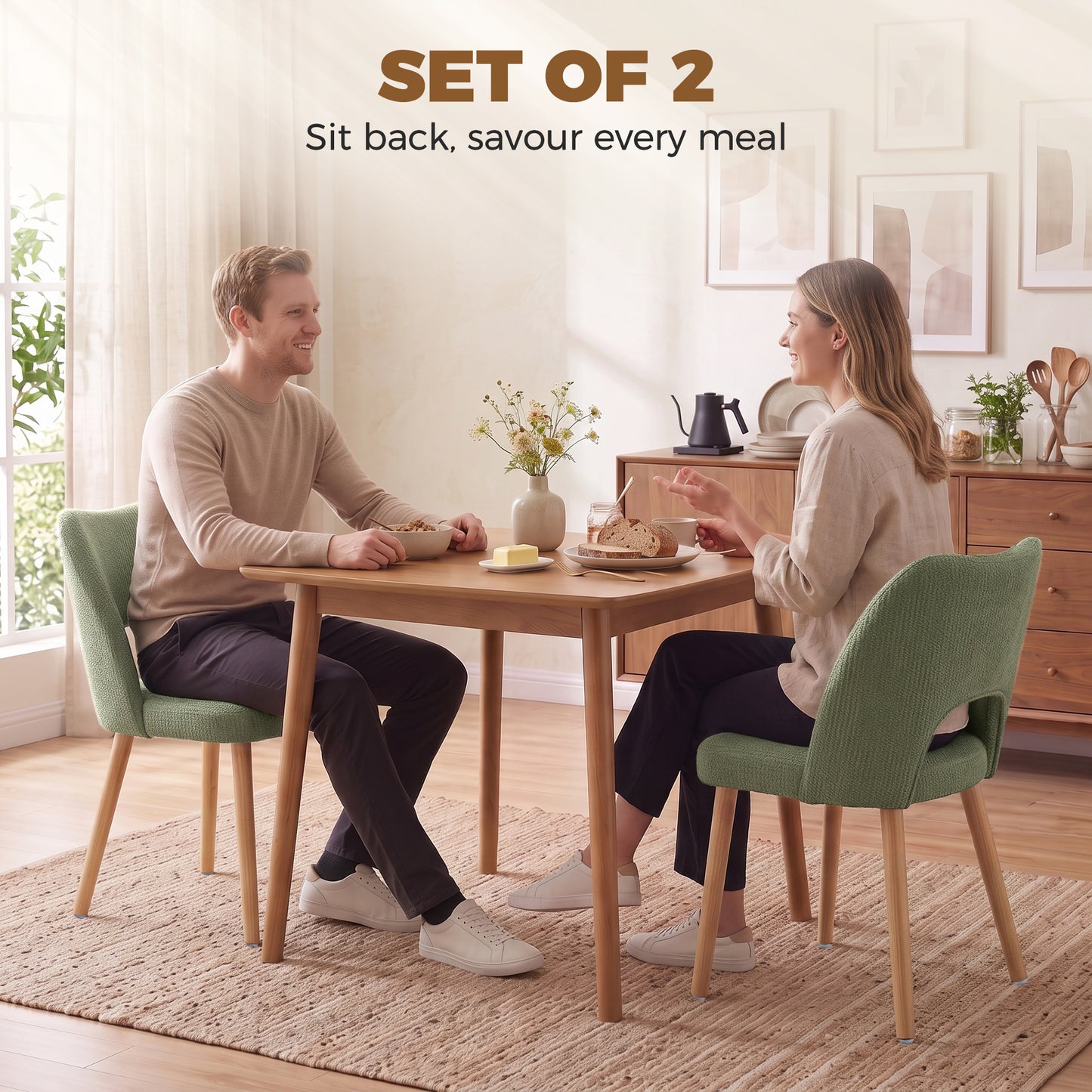 HOMCOM Dining Chairs Set Upholstered Kitchen Chenille Tool Free Assembly Rubberwood Legs, Green