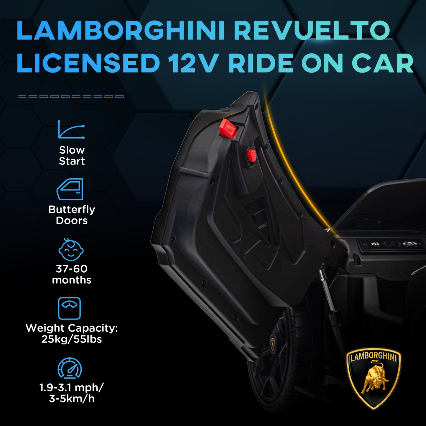 AIYAPLAY Lamborghini Revuelto Licensed 12V Ride on Car w/ Butterfly Doors Training Wheels, Suspension, Remote Control Black