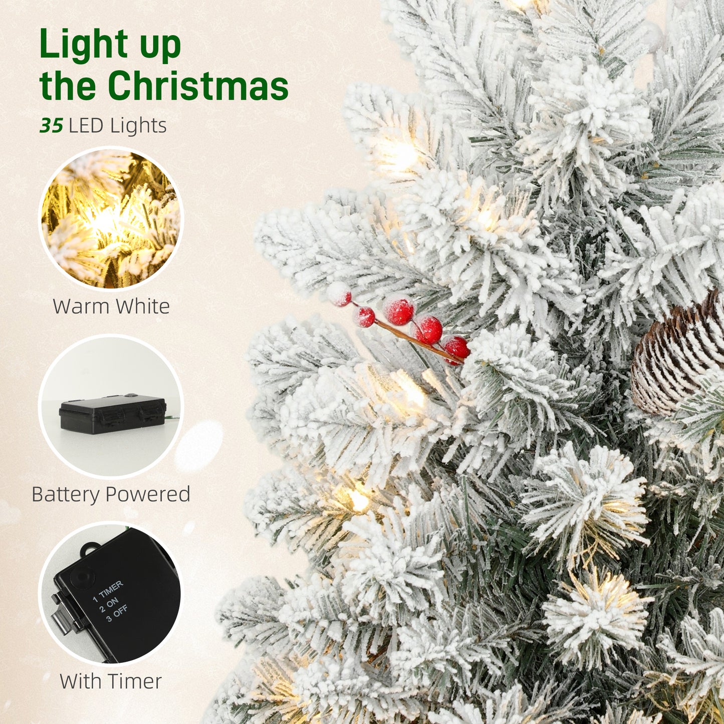 HOMCOM 60cm Prelit Christmas Tree with 35 LED Lights, Snow Flocked, 72 Branches, Pine Cones, Berry Clusters, Linen Base, Battery Operated, Green