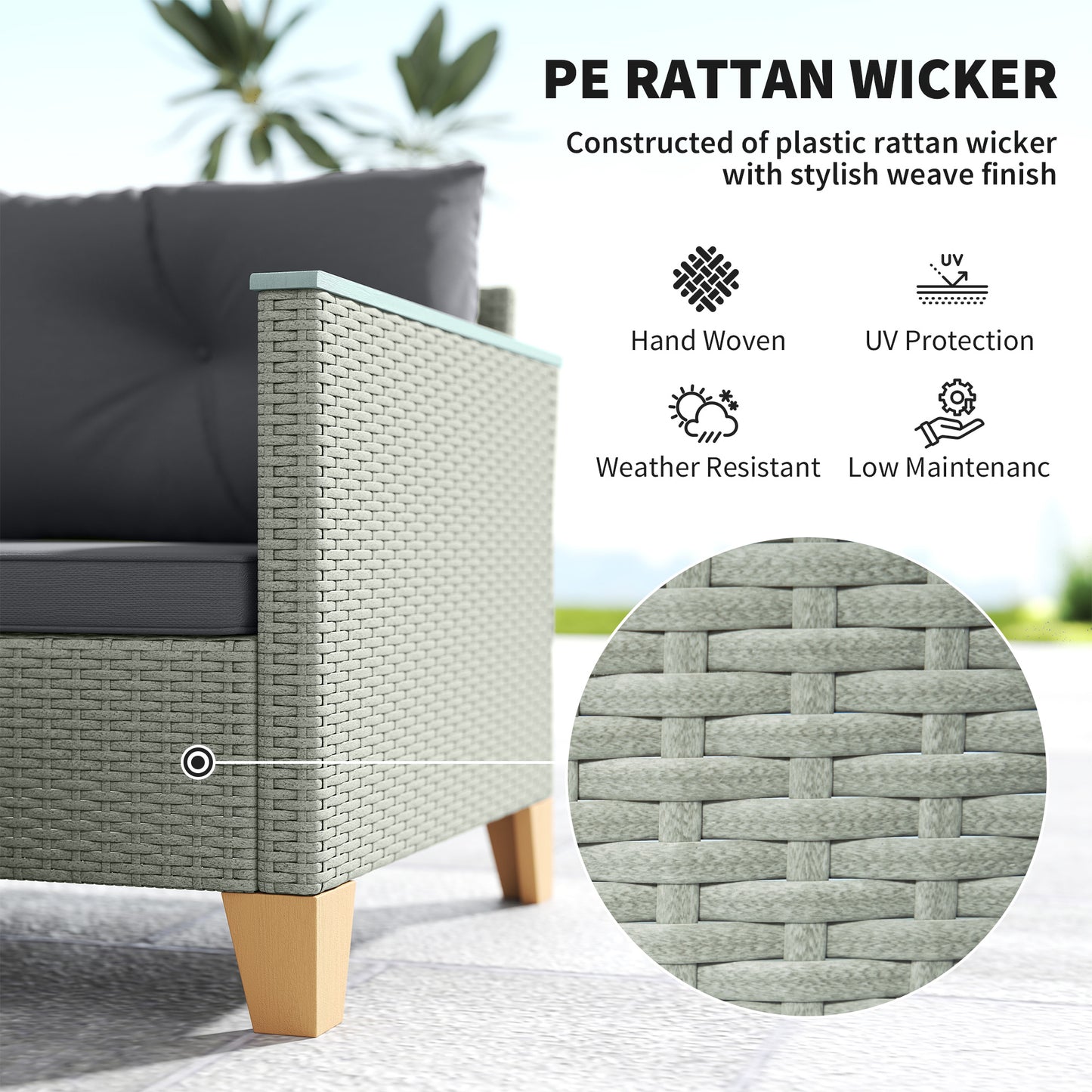 Outsunny 3-Piece Rattan Garden Furniture Set, L-Shaped Chaise Lounge with Wood Top Coffee Table & Thick Cushions, Charcoal Grey