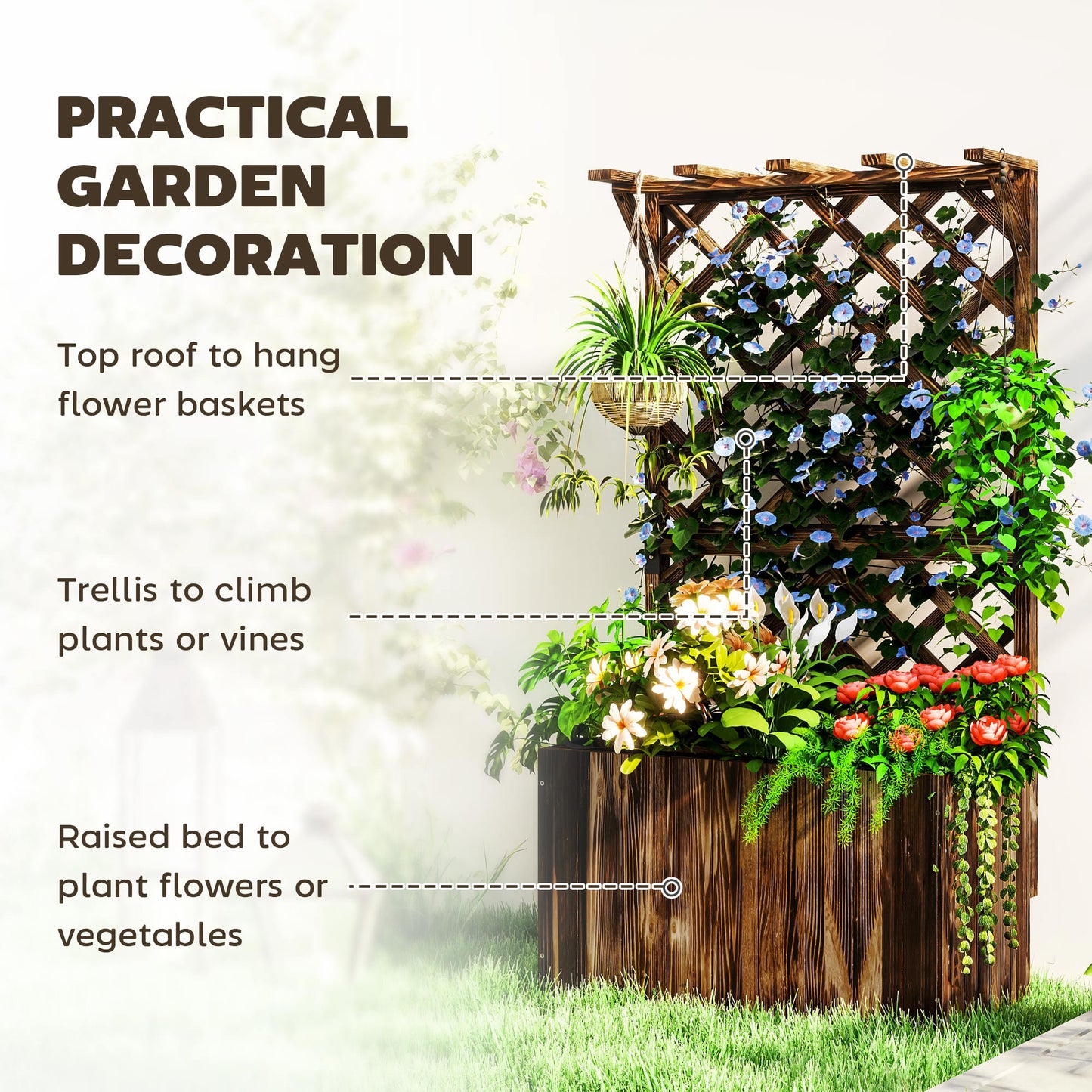 Outsunny Wooden Planter with Trellis, Freestanding Raised Garden Bed with Drainage Holes and Liner for Vegetables and Flowers, Carbonised