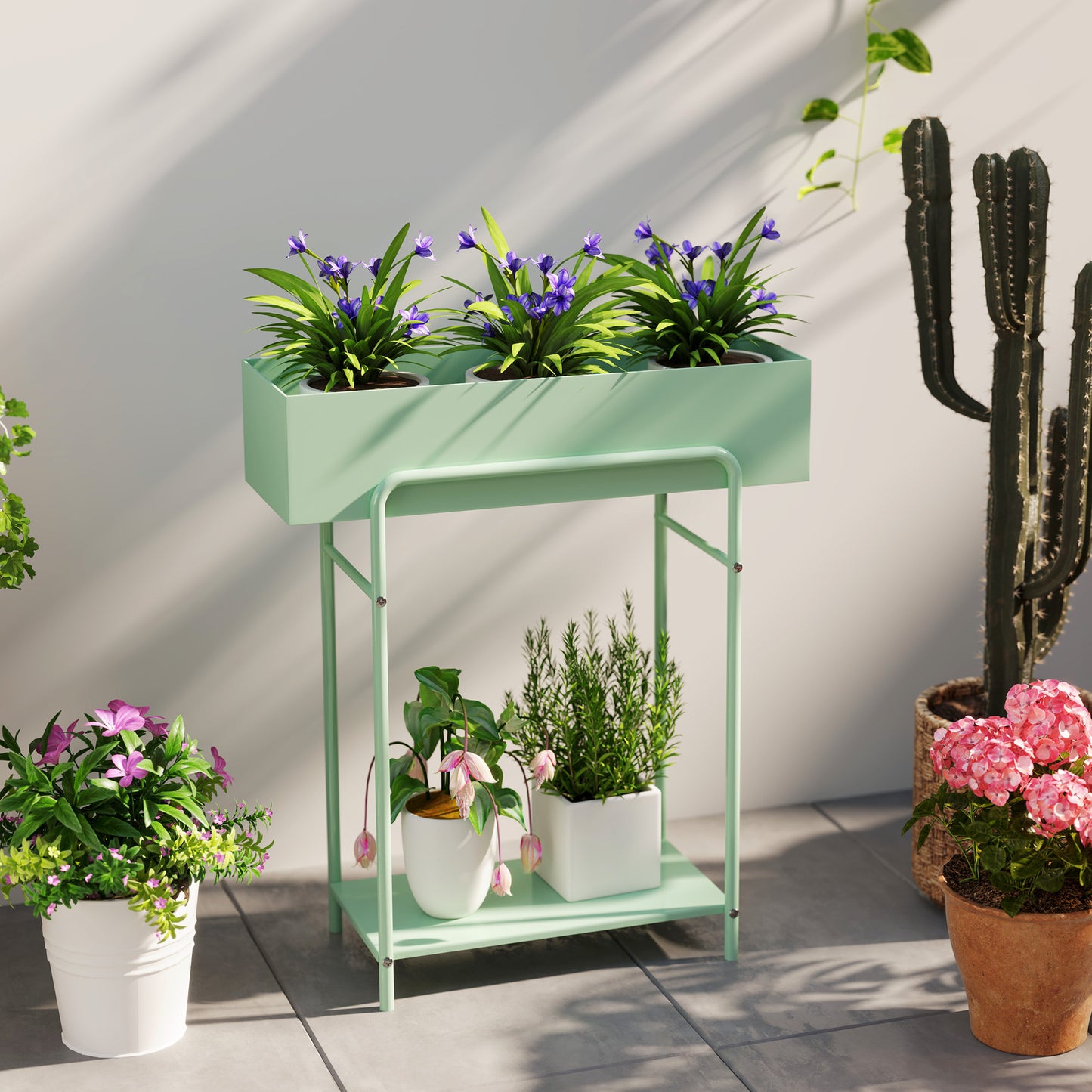 Outsunny 2 Tier Metal Plant Stand, Floor-standing Flower Pot Rack with Drain Holes for Indoor/Outdoor Use, Green