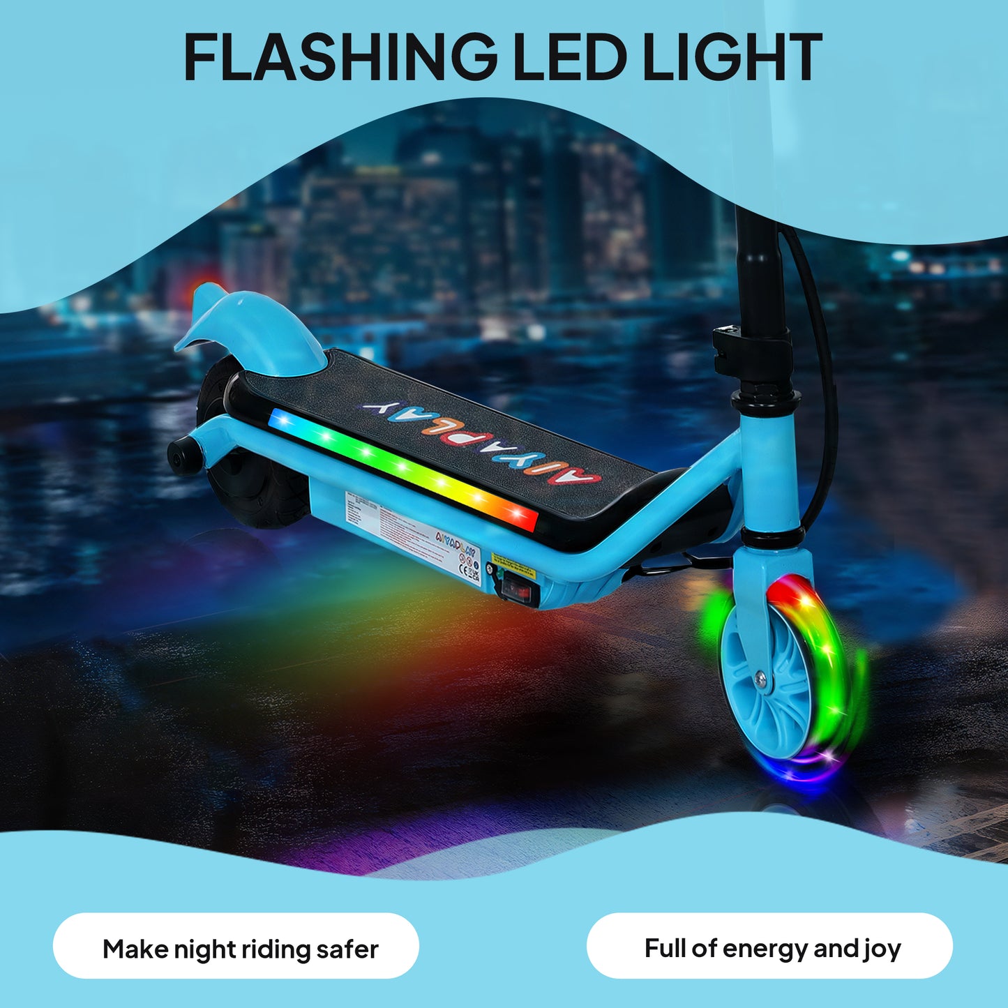 AIYAPLAY Electric Scooter for Kids Ages 6-14, Dual Brakes, Flash Wheel, Colorful Light, 12 KM/H & 10 KM Range, Blue