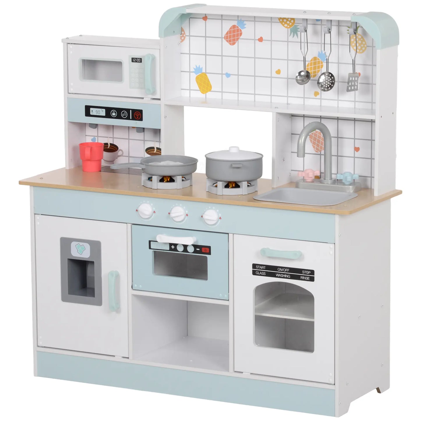 AIYAPLAY Toy Kitchen, Pretend Role Play Kitchen with Hob, Sound and Light, Coffee Machine, Ice Maker, Microwave