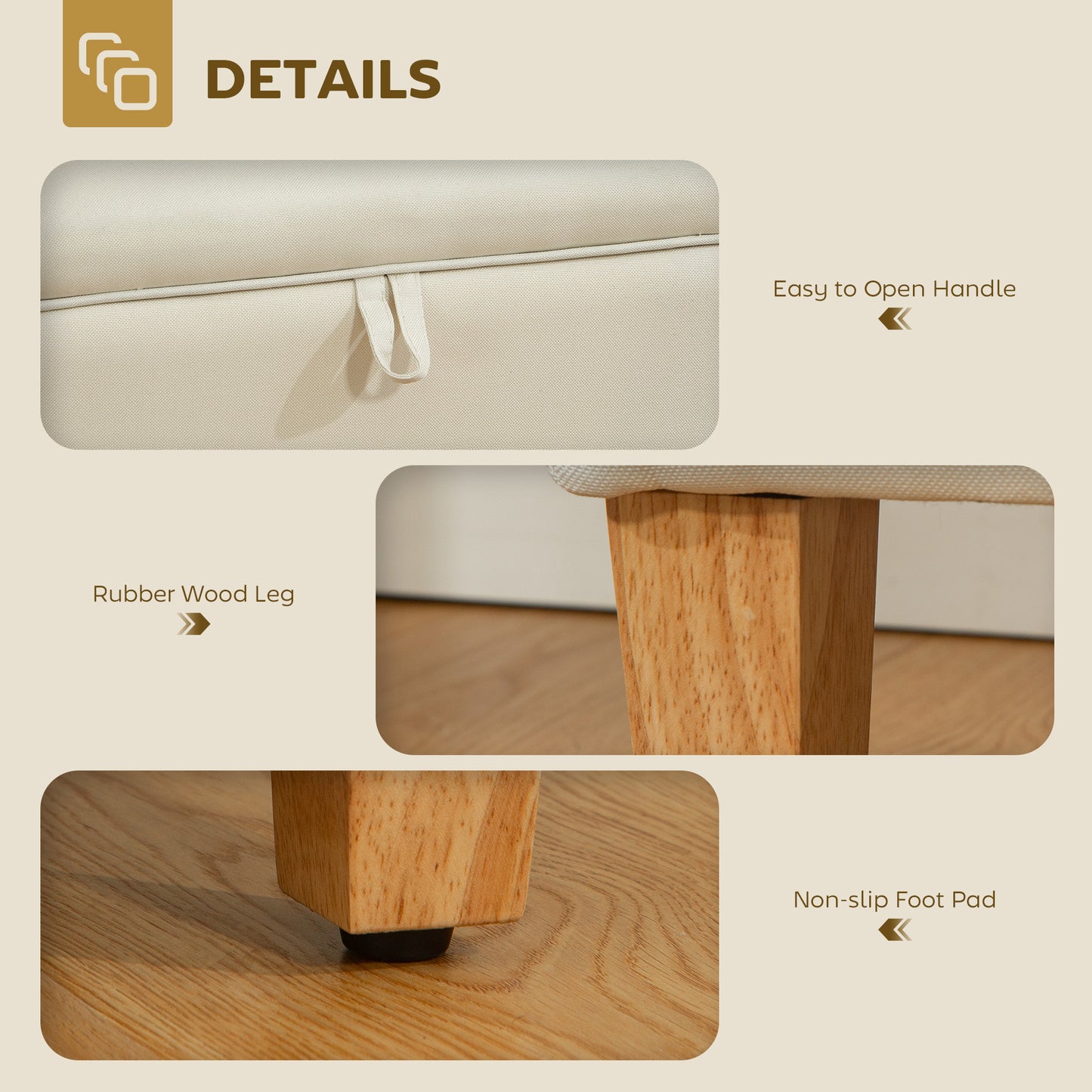 HOMCOM 16L Linen Storage Ottoman Padded Footstool with Rubberwood Legs for Storage Box, Bed End, Shoe Bench, Seating, Beige