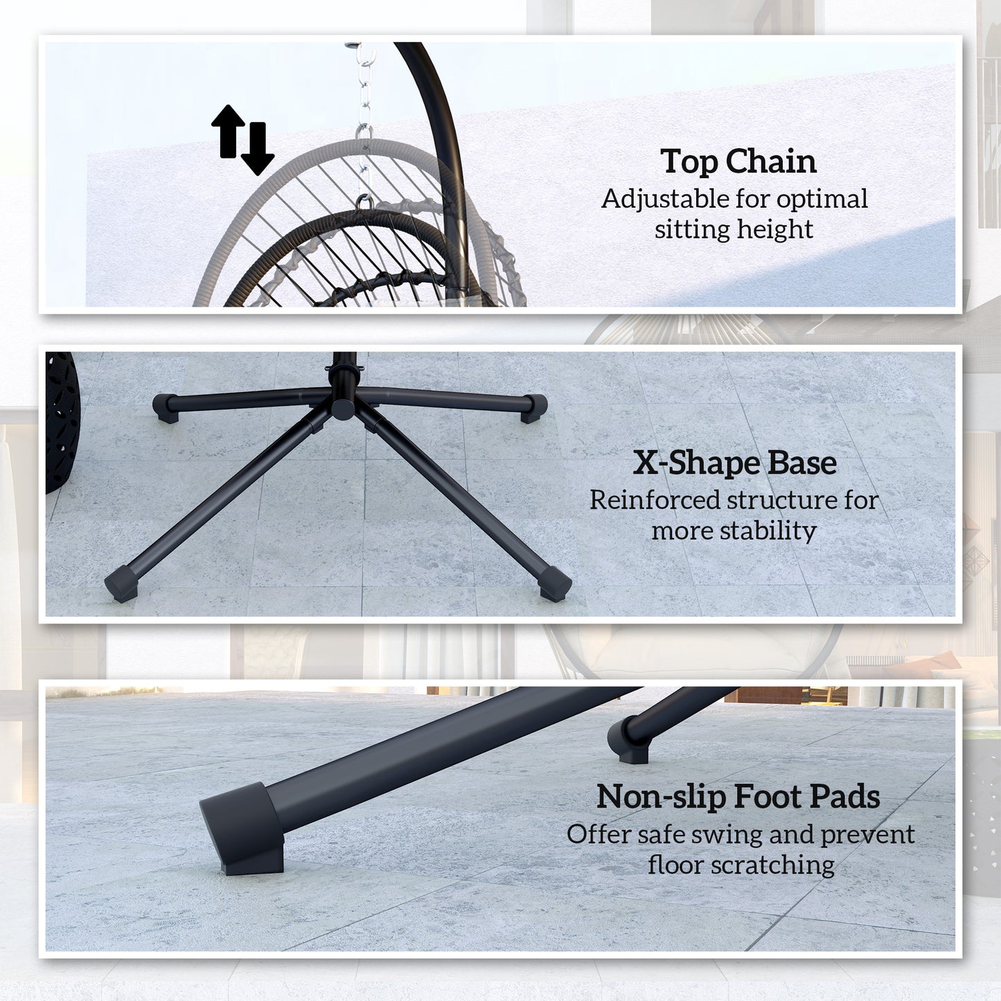 Outsunny Garden Swing Chair, Rattan Egg with Cushion & Metal Stand, for Indoor/Outdoor Use, Black