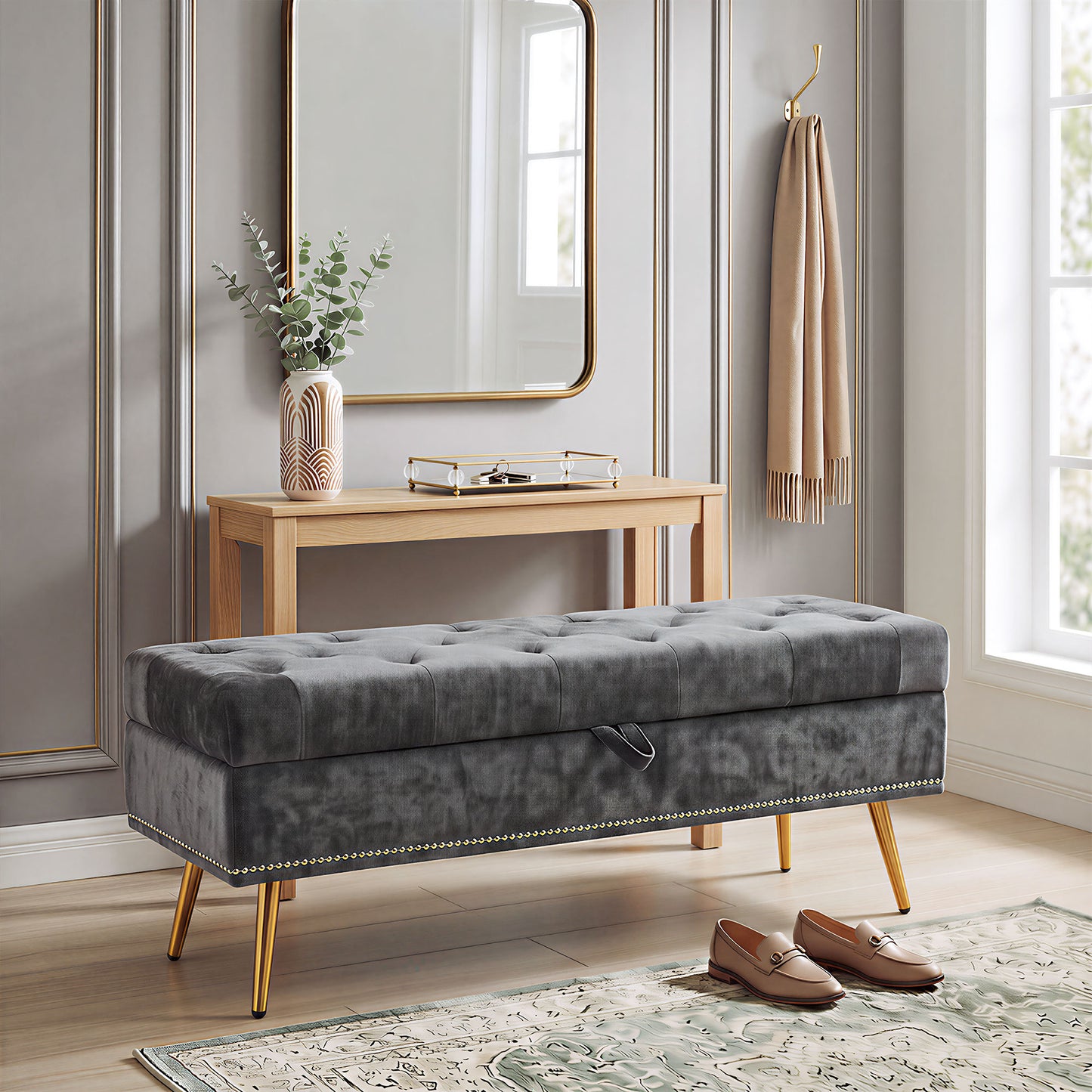 HOMCOM Storage Ottoman, Chenille Upholstered Ottoman Storage Box with Padded Seat, Metal Legs, 114 x 41 x 45 cm, Grey