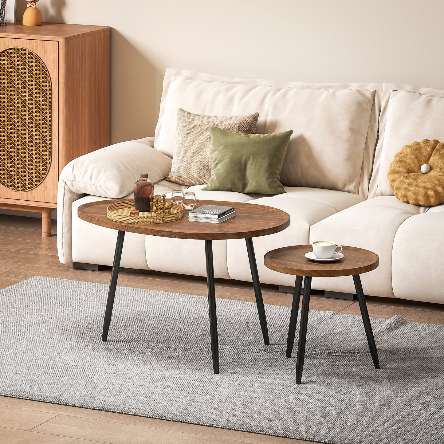 HOMCOM Nesting Coffee Table Set of 2, 80cm Modern Stacking End Tables with Metal Legs for Living Room, Bedroom, Office, Chestnut Wood Effect