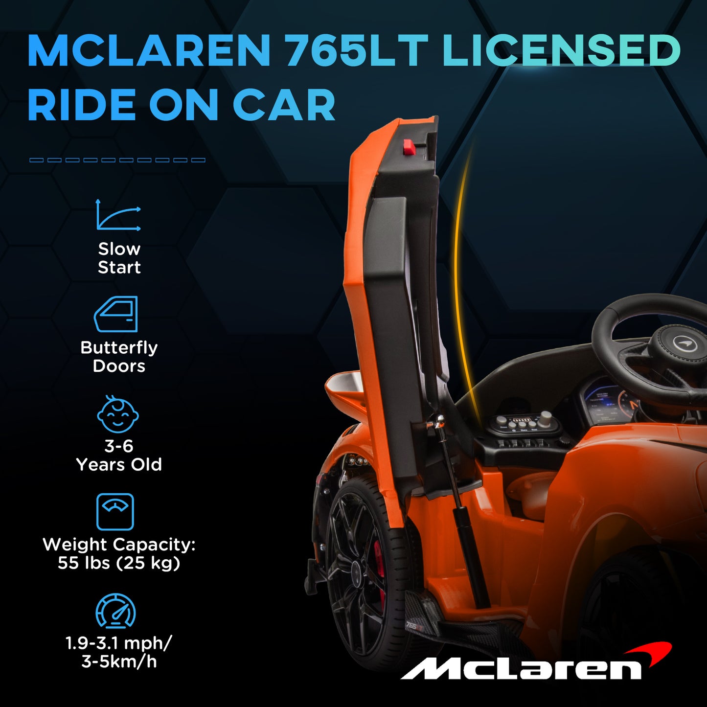 AIYAPLAY McLaren 765LT Licensed 12V Kids Electric Ride on Car with Butterfly Doors Remote Control Training Wheels Orange