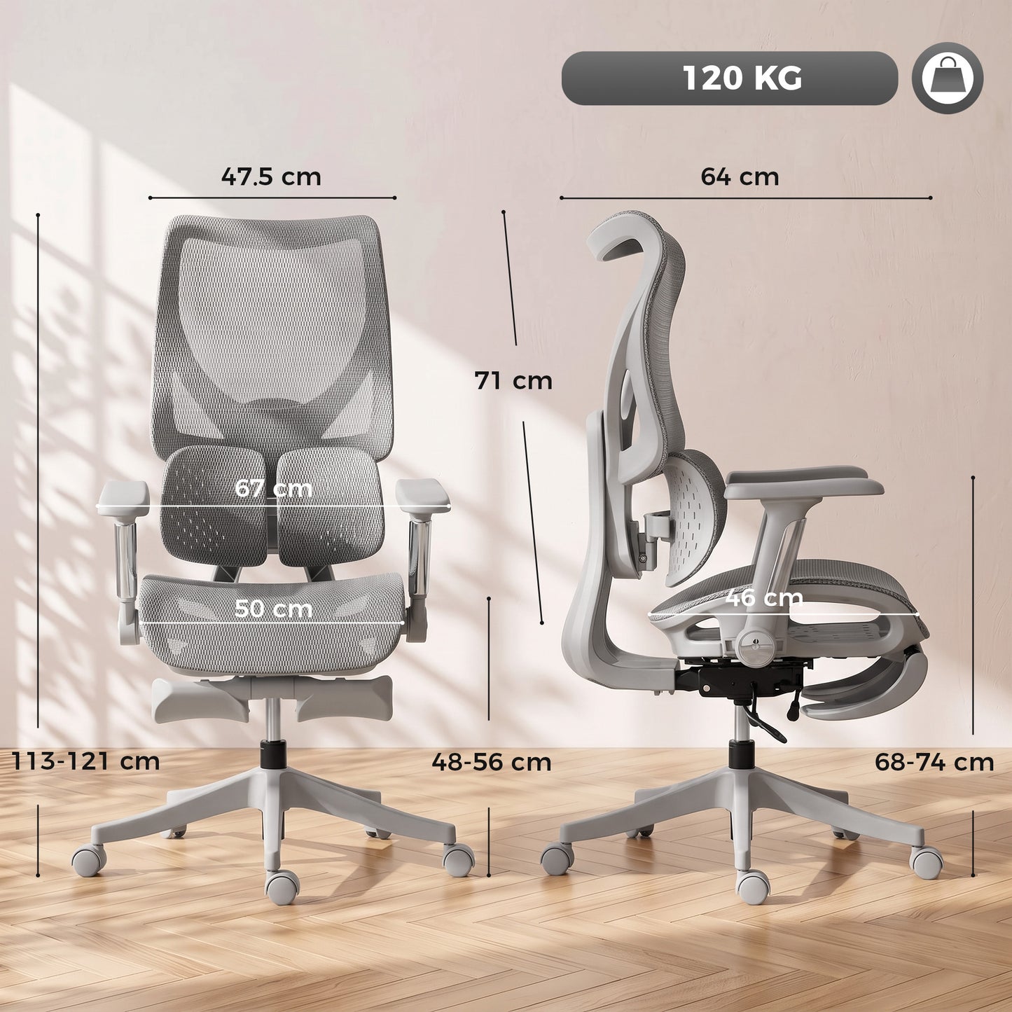 HOMCOM Ergonomic Office Chair with Lumbar Support, Mesh Reclining Desk Chair with Footrest, Adjustable High Back, Grey