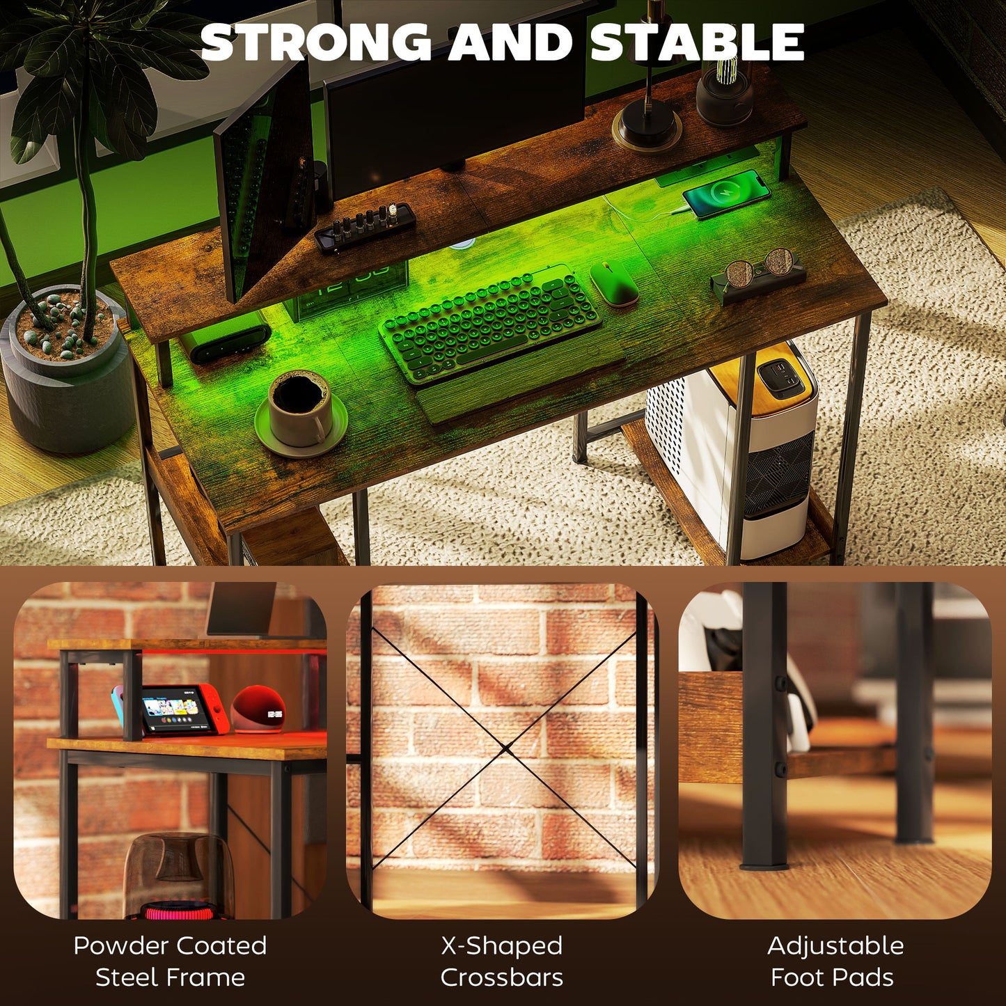 HOMCOM Computer Desk w/ Power Outlets & LED Lights, 120x50cm Reversible Desk, Monitor Stand, Rustic Brown