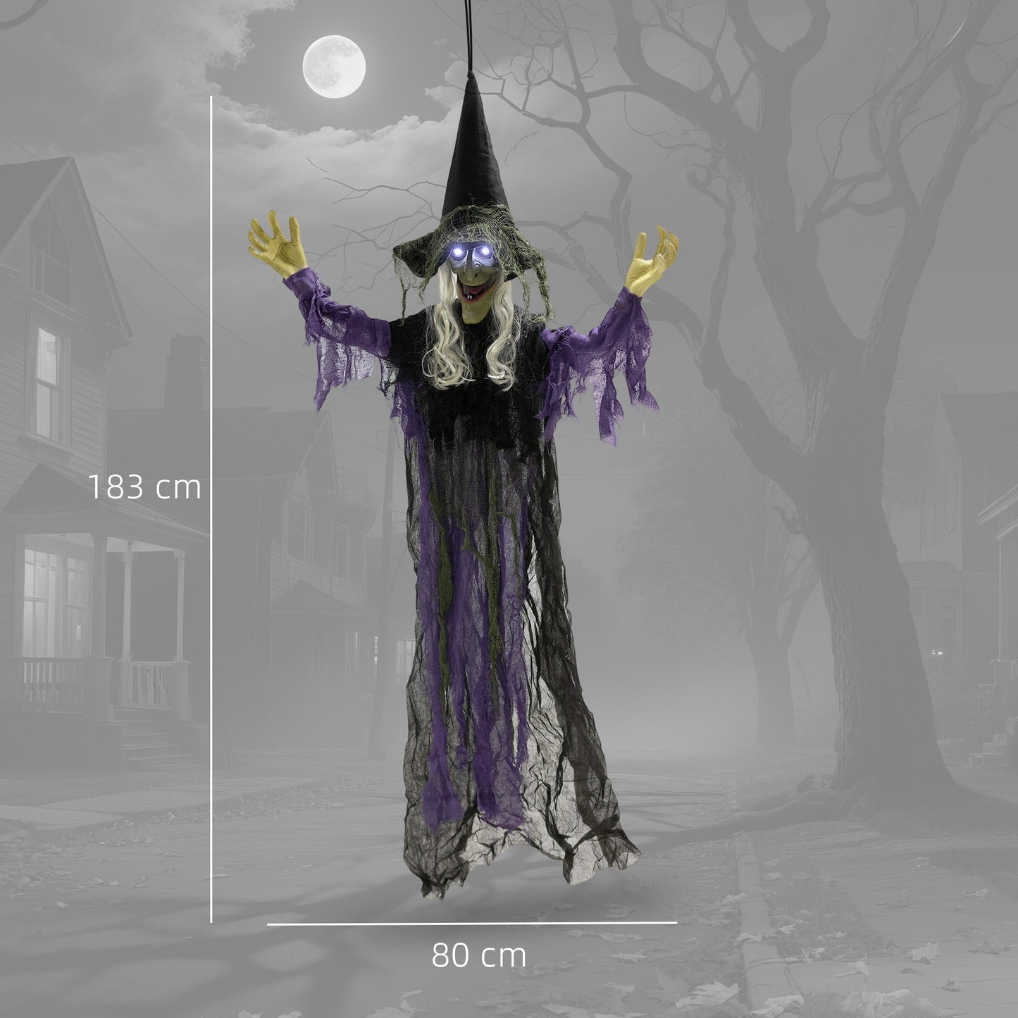 Outsunny Life Size Halloween Animated Hanging Witch, Glowing LED Eyes, Scary Decorations, Battery Operated, Indoor Props, 183 cm, Black