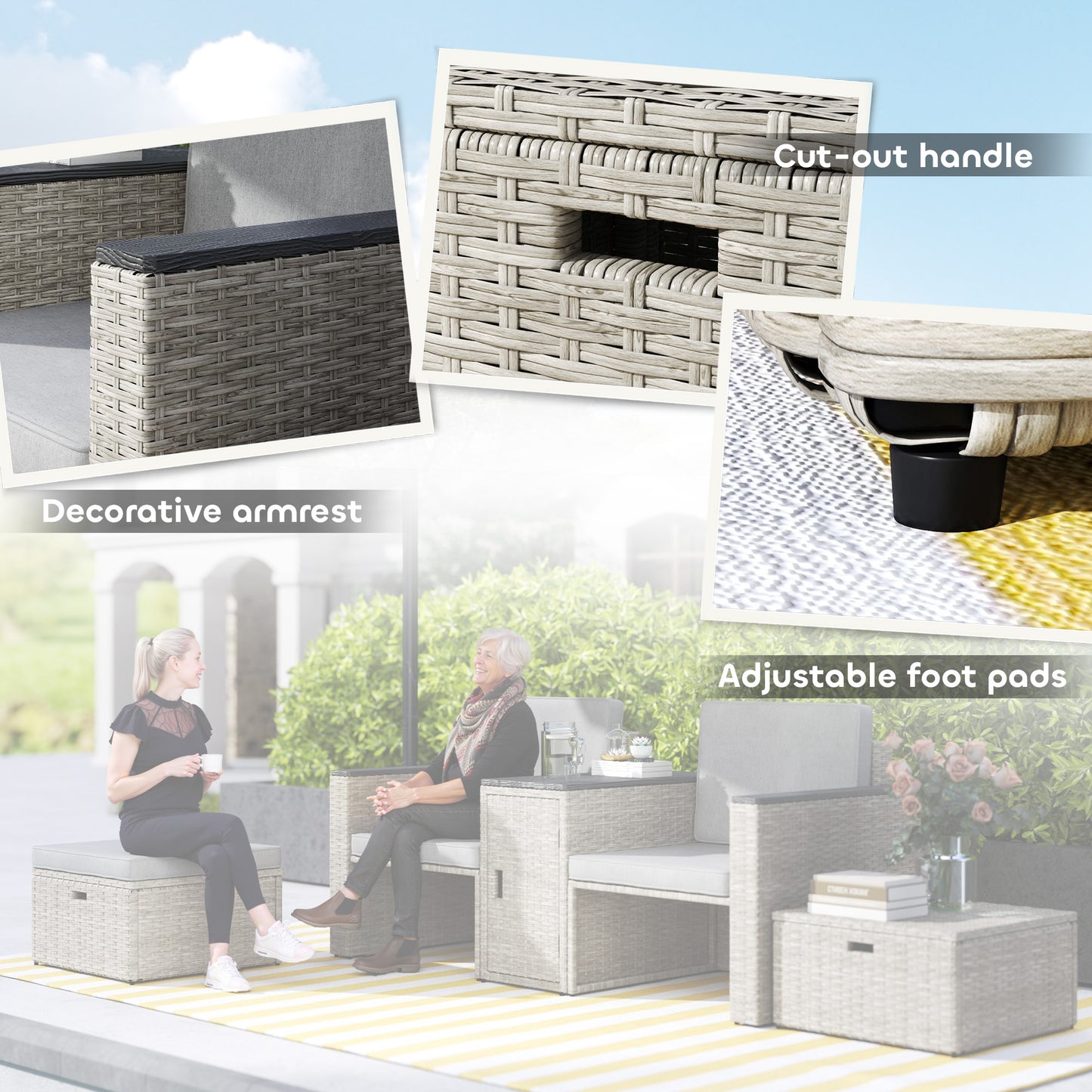 Outsunny 5 Piece Rattan Garden Furniture Set, Nesting Sofa with Footstools, WPC Storage Coffee Table & Cushions, Grey