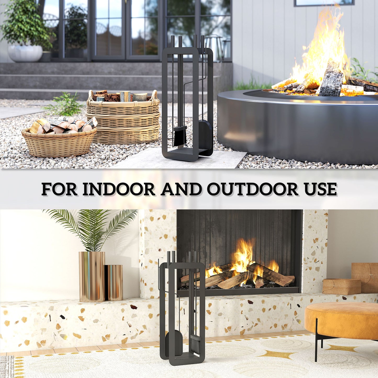 Outsunny 5 Piece Metal Fireplace Set - Includes Brush, Shovel, Poker, Tongs, and Stand, Black.
