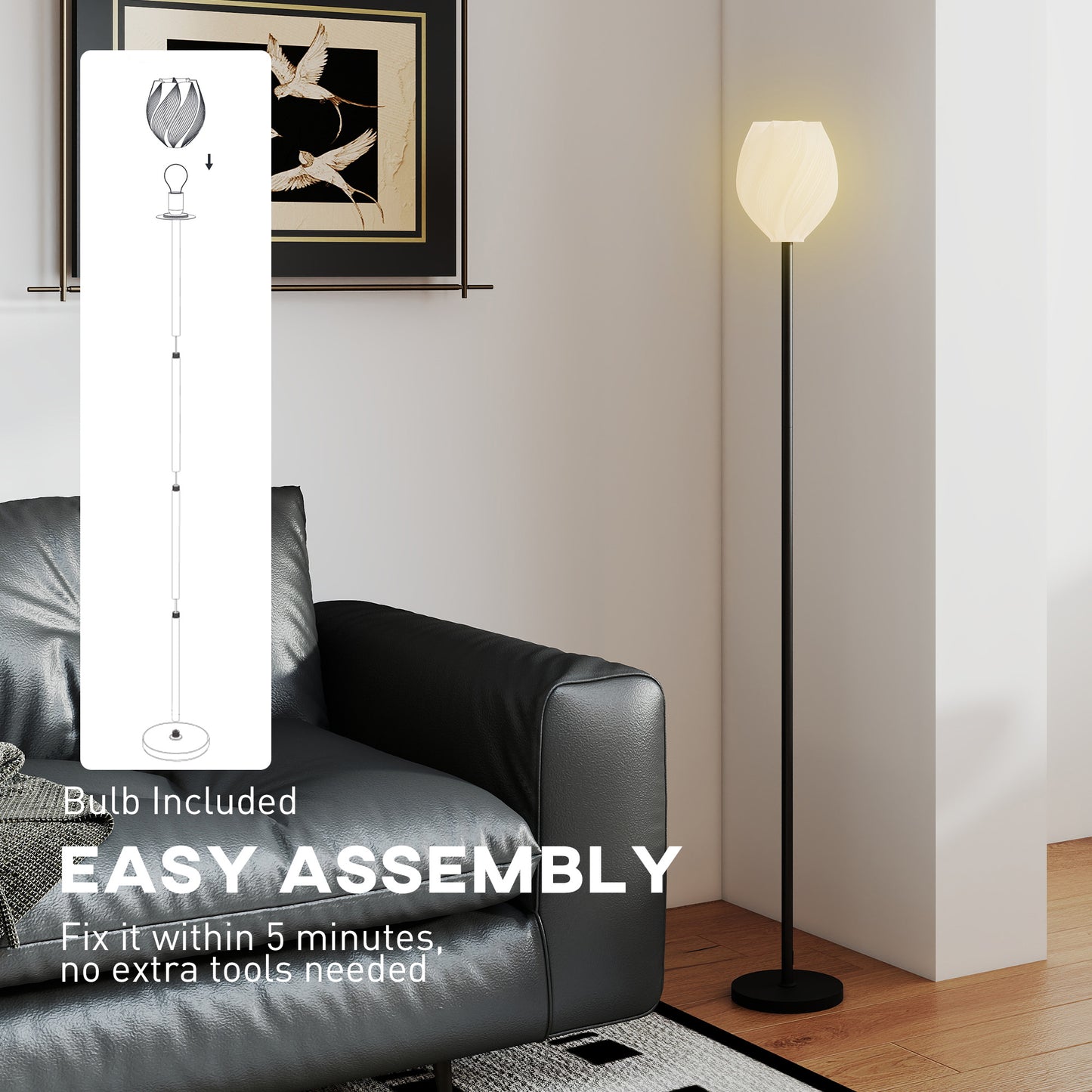 HOMCOM Flower Floor Lamp, 3D Printed Modern Standing Lamp w/ Rose Shade, 3 Color Temps & Foot Switch, Tall Minimalist Lampshade, White