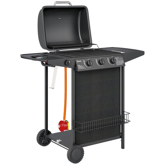 Outsunny 3+1 Burner Gas BBQ Grill, Portable with Thermometer, Lid, Side Table, Shelf, Spice Rack, Wheels, Grease Cup, Black