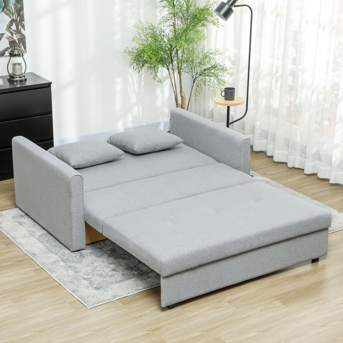 HOMCOM 2 Seater Sofa Bed, Convertible Loveseat with 2 Cushions, Hidden Storage, Modern Fabric for Living or Guest Room, Light Grey
