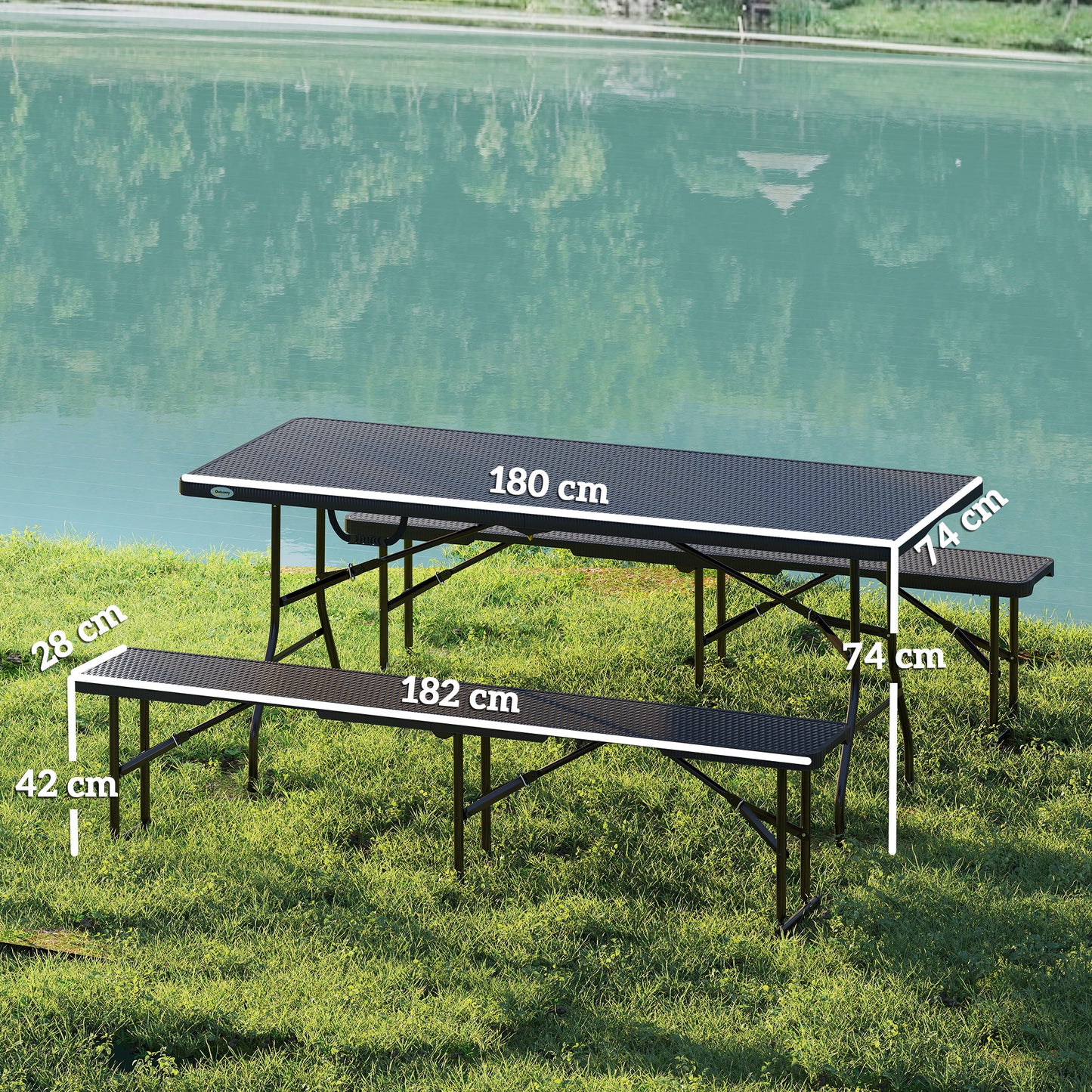 Outsunny Folding Picnic Table & Bench Set, Rattan Effect Portable Camping Table & Chairs with Handles, for Indoor/Outdoor, Black