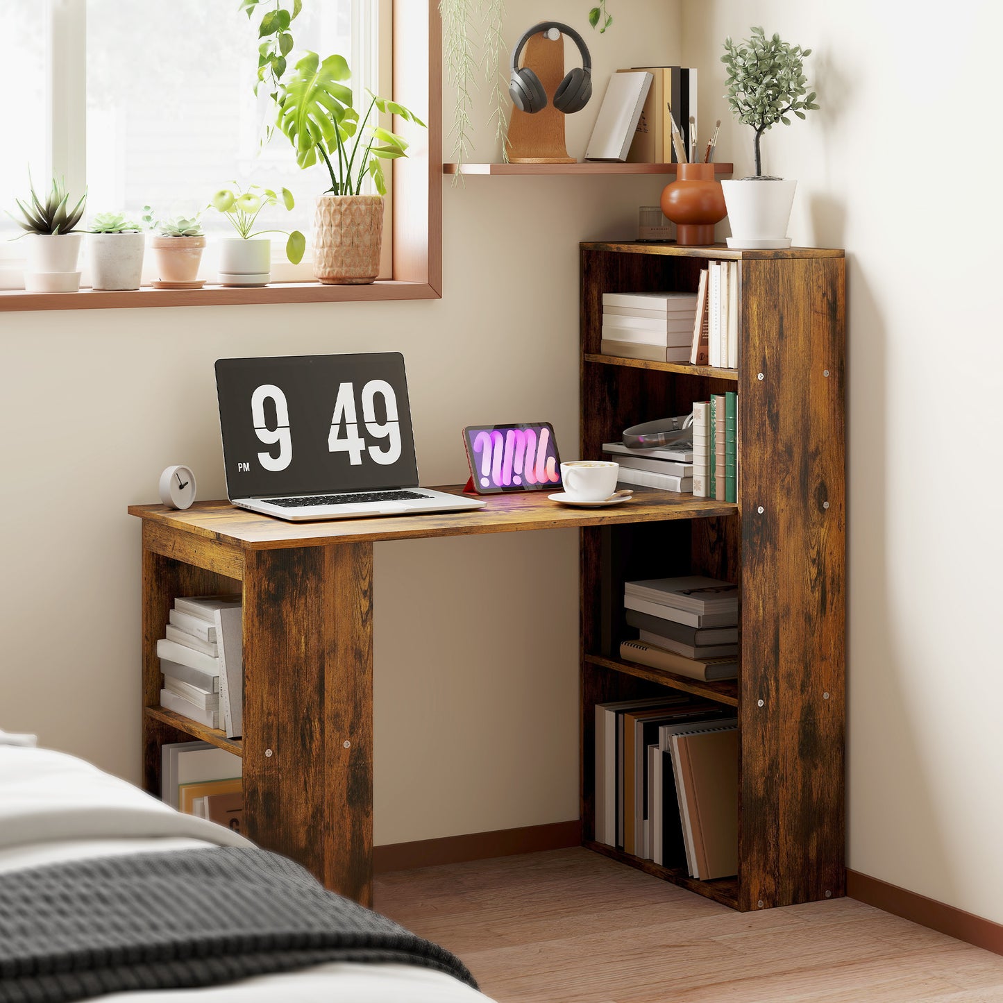 HOMCOM Computer Desk, Wooden Table with 6-Tier Storage Shelves, Home Office Study Desk, Writing Workstation, Rustic Brown Wood-Effect