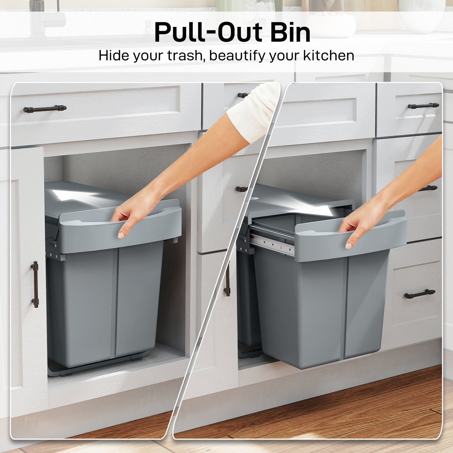 HOMCOM Pull Out Bin, 40L with Smooth Glide, Frosted Storage Lid, 2 Removable Compartments for Waste & Recycling, Kitchen Under Sink, Grey