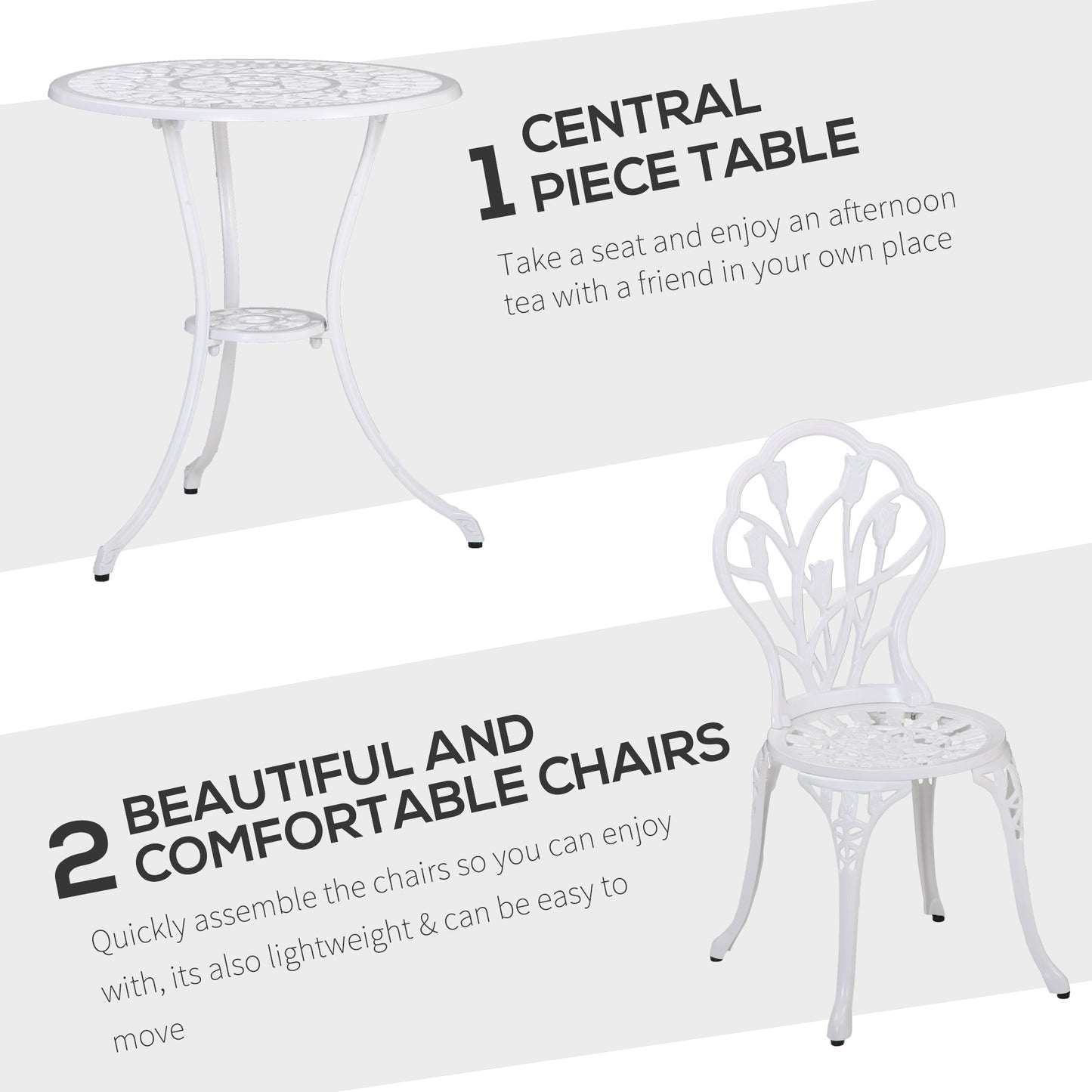 Outsunny 3 Piece Patio Bistro Set for 2, Outdoor Aluminium Garden Table and Chairs with Umbrella Hole for Balcony, White