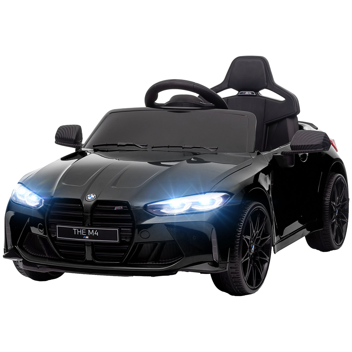 AIYAPLAY 12V BMW M4 Licensed Kids Car with Easy Transport, Remote Control, Suspension, Music, Horn, LED Lights - Black