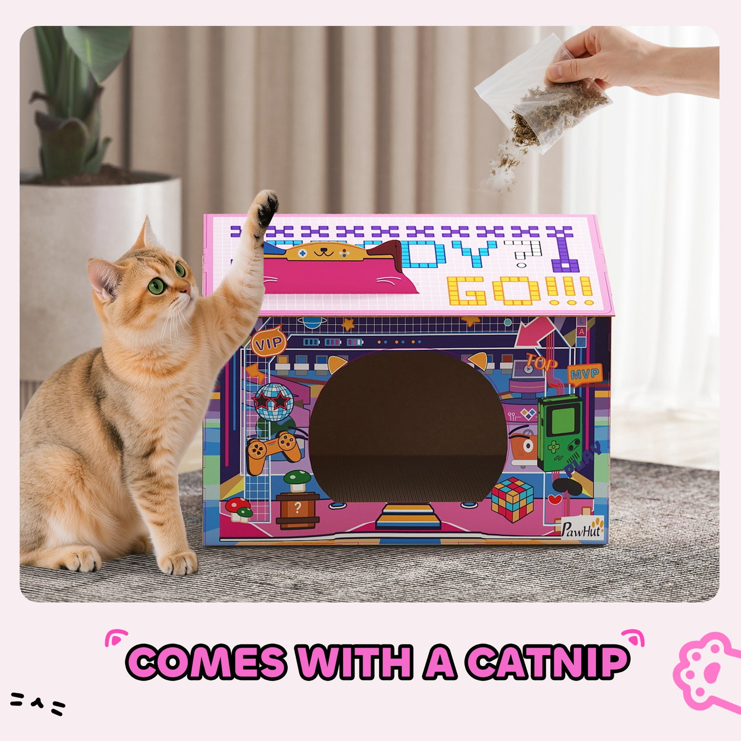 PawHut 2 in 1 Gaming Style Cardboard Cat House with Scratching Board & Catnip for Indoor Cats, Pink