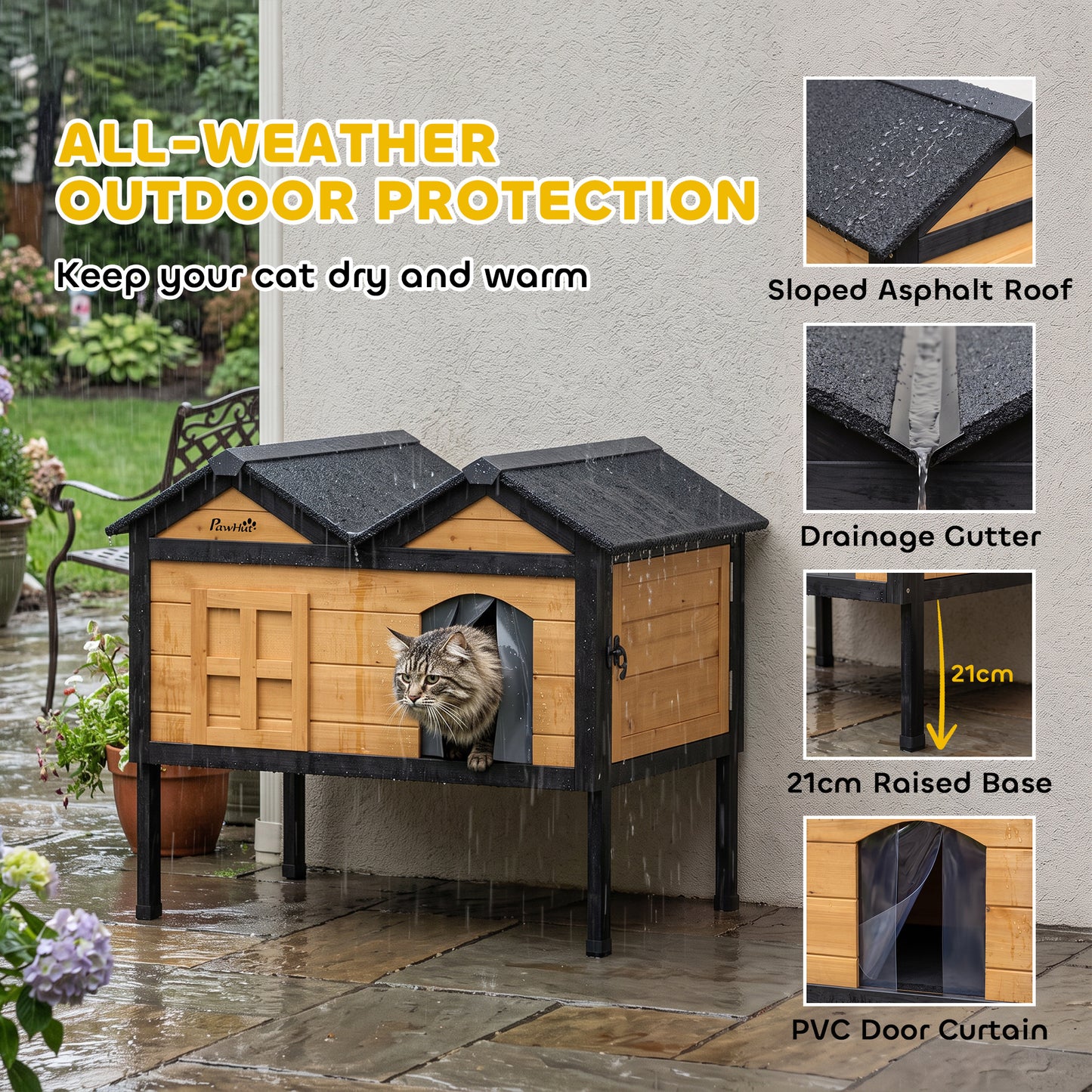 PawHut Wooden Cat House Outdoor Indoor with Weatherproof Asphalt Roof, Side Cleaning Door, PVC Curtain