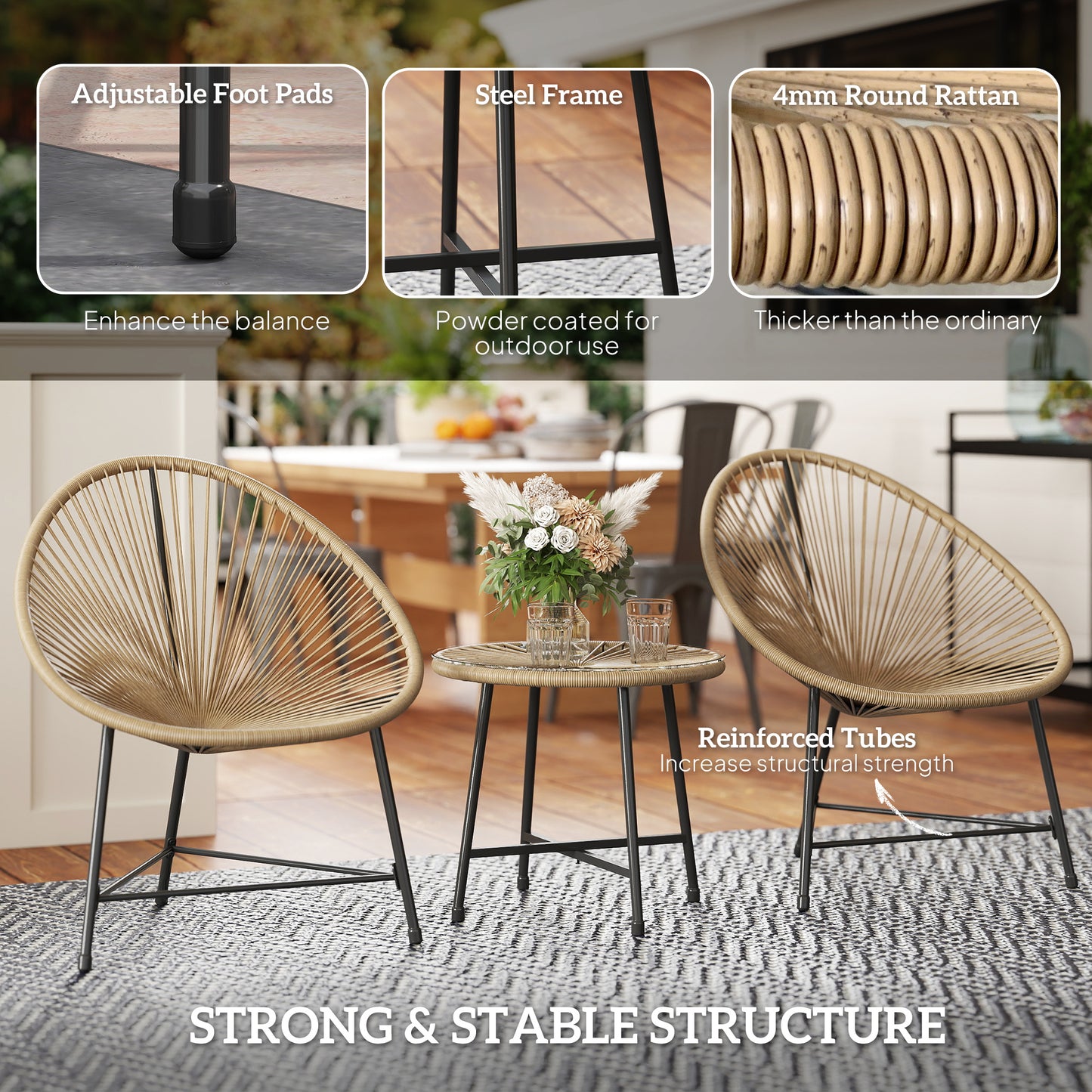 Outsunny 3-Piece Rattan Bistro Set, Reinforced Metal Frame, Acapulco Chairs & Glass Table for Patio, Balcony, Outdoor Garden Furniture, Natural