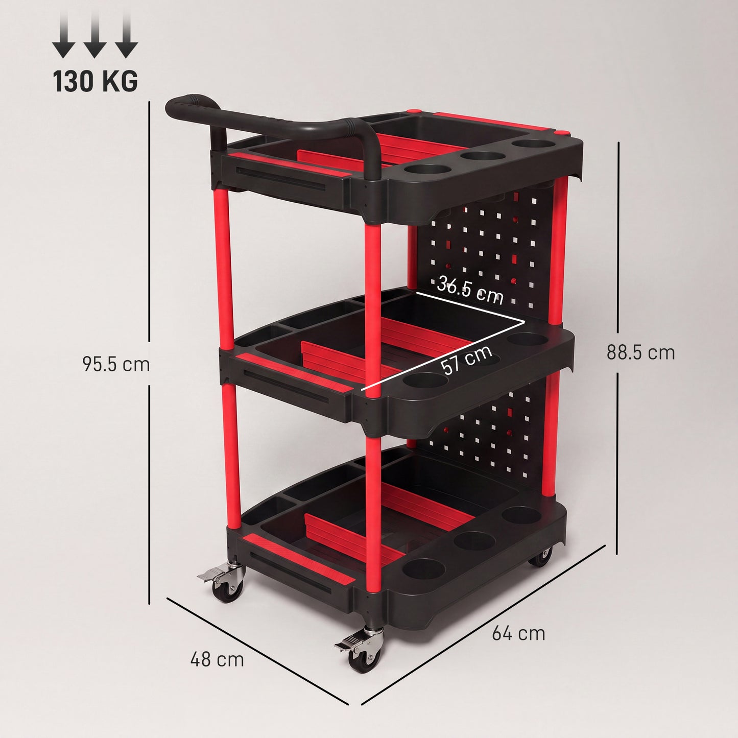 HOMCOM 3-Tier Rolling Tool Cart with Pegboard and Hooks, Storage Trolley Wheel Cart with Brakes, Black & Red