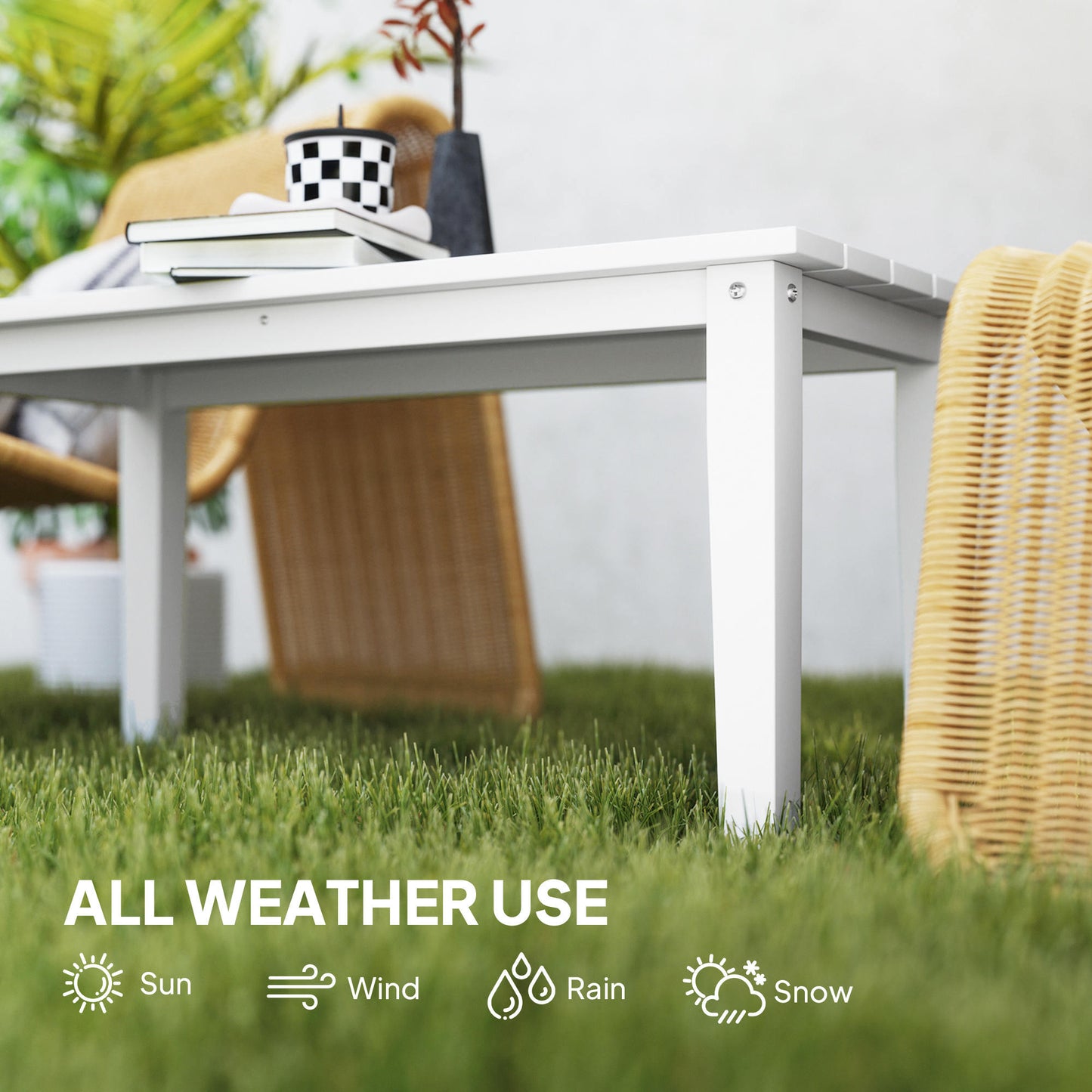 Outsunny Outdoor Garden Coffee Table, All-Weather HDPE with Slatted Top for Patio/Balcony, 91x44x42 cm, White
