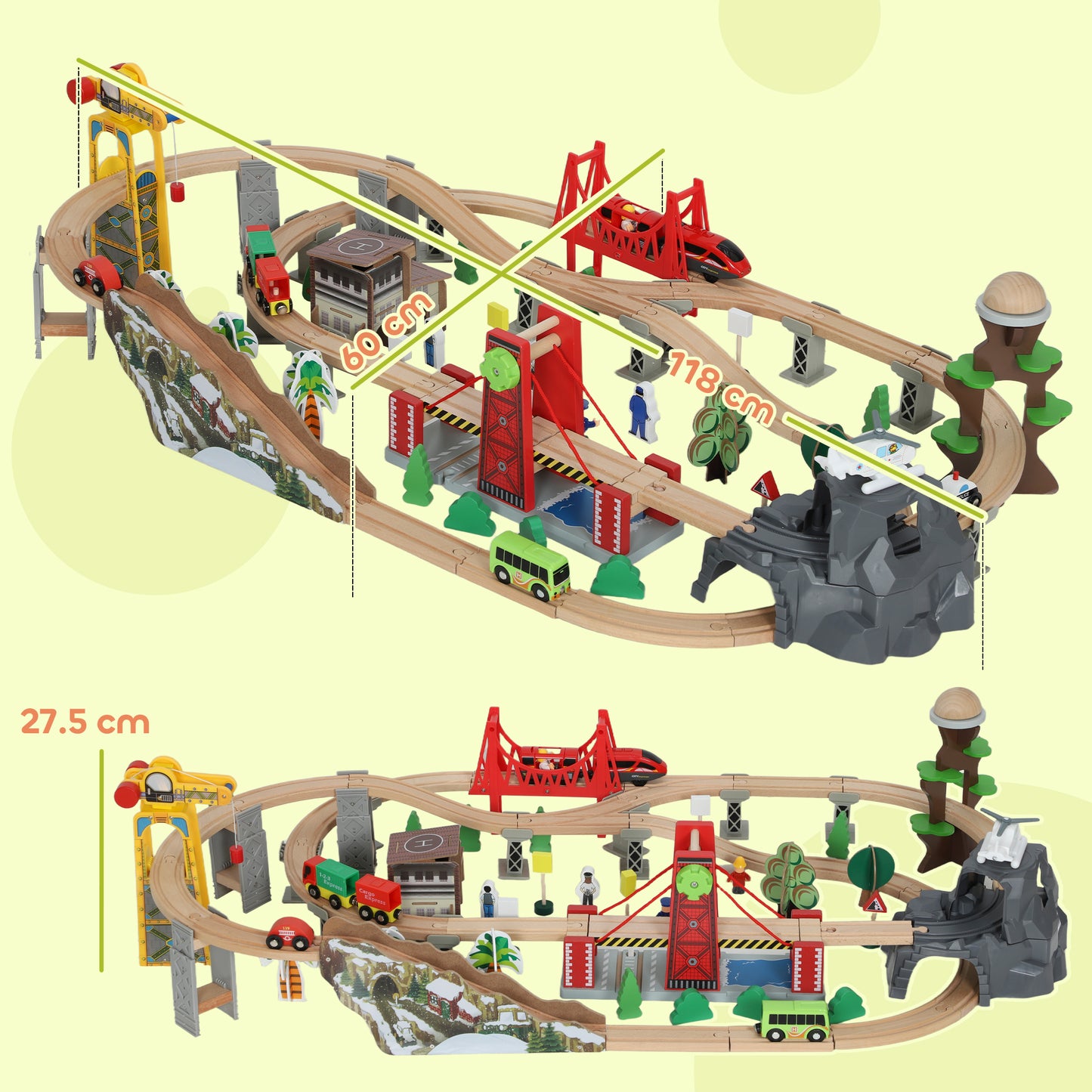 AIYAPLAY 100 Piece Wooden Train Set for Kids 3+ Years with Track, Crane, Battery Operated Train