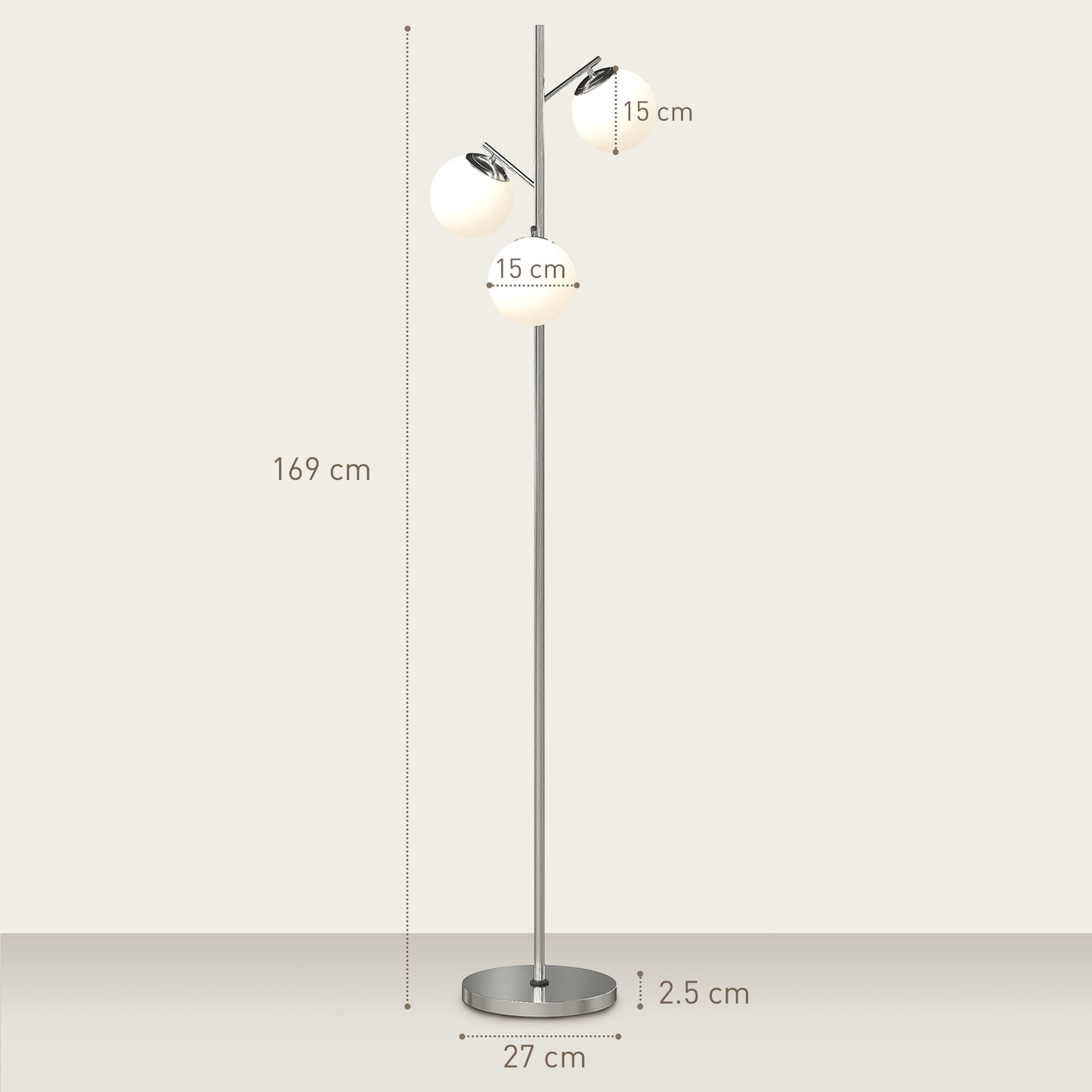 HOMCOM Modern 3-Light Tree Floor Lamp with Globe Lampshades, for Living Room and Bedroom, Steel Base, 3000K-6000K, Silver Tone