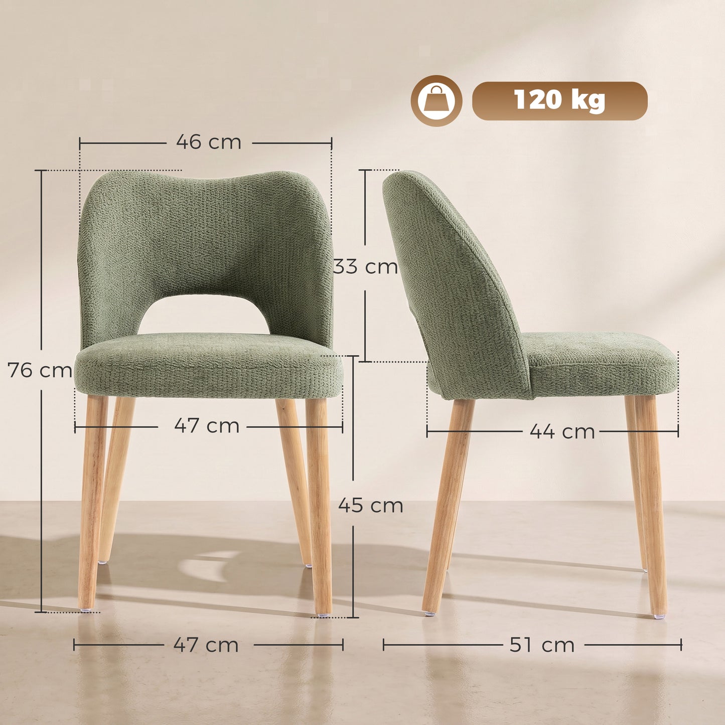HOMCOM Dining Chairs Set Upholstered Kitchen Chenille Tool Free Assembly Rubberwood Legs, Green