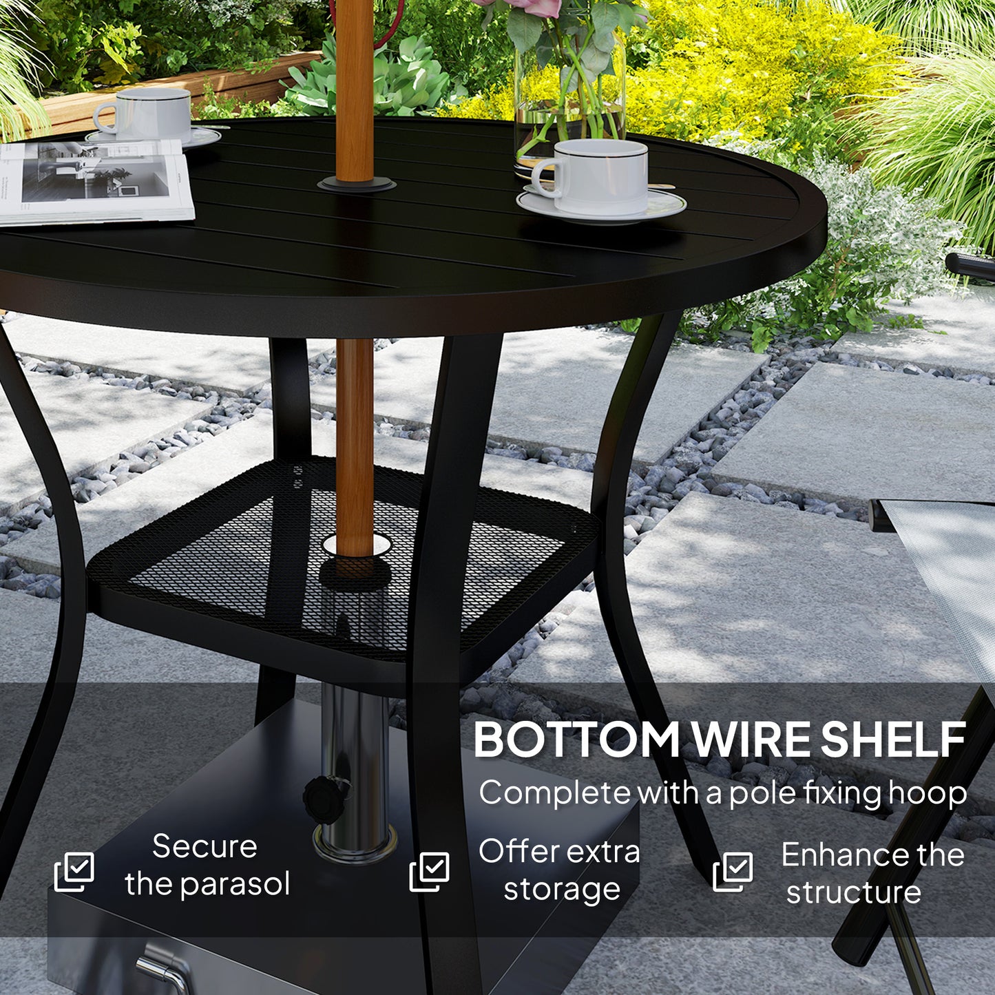 Outsunny 90 cm Round Steel Garden Dining Table with Parasol Hole, Slatted Metal Top, Wire Shelf, Black
