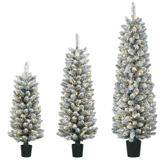 HOMCOM Prelit Snowy Flocked Artificial Christmas Tree Set of 3, Slim Xmas Tree with PVC Tips, 3FT+4FT+5FT