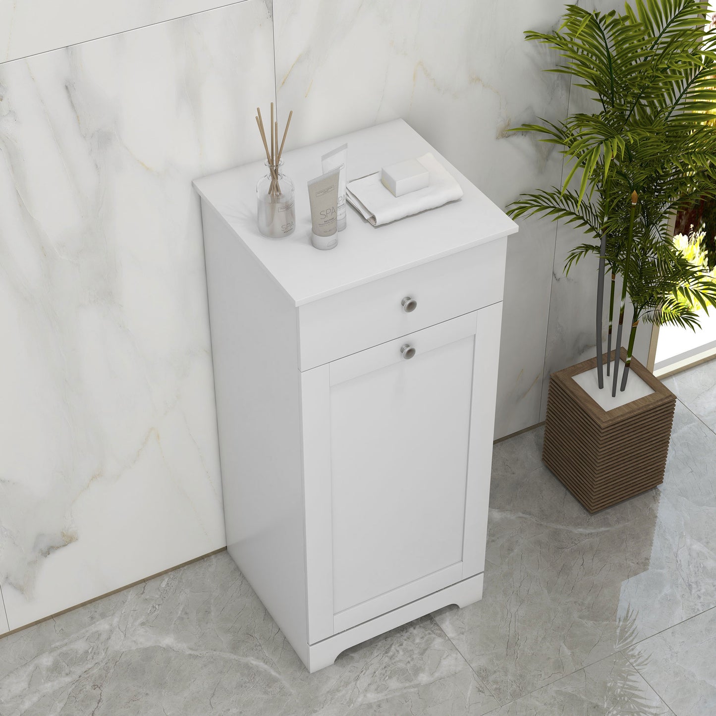 HOMCOM Bathroom Cabinet with Laundry Basket, Storage Unit with Drawer, White