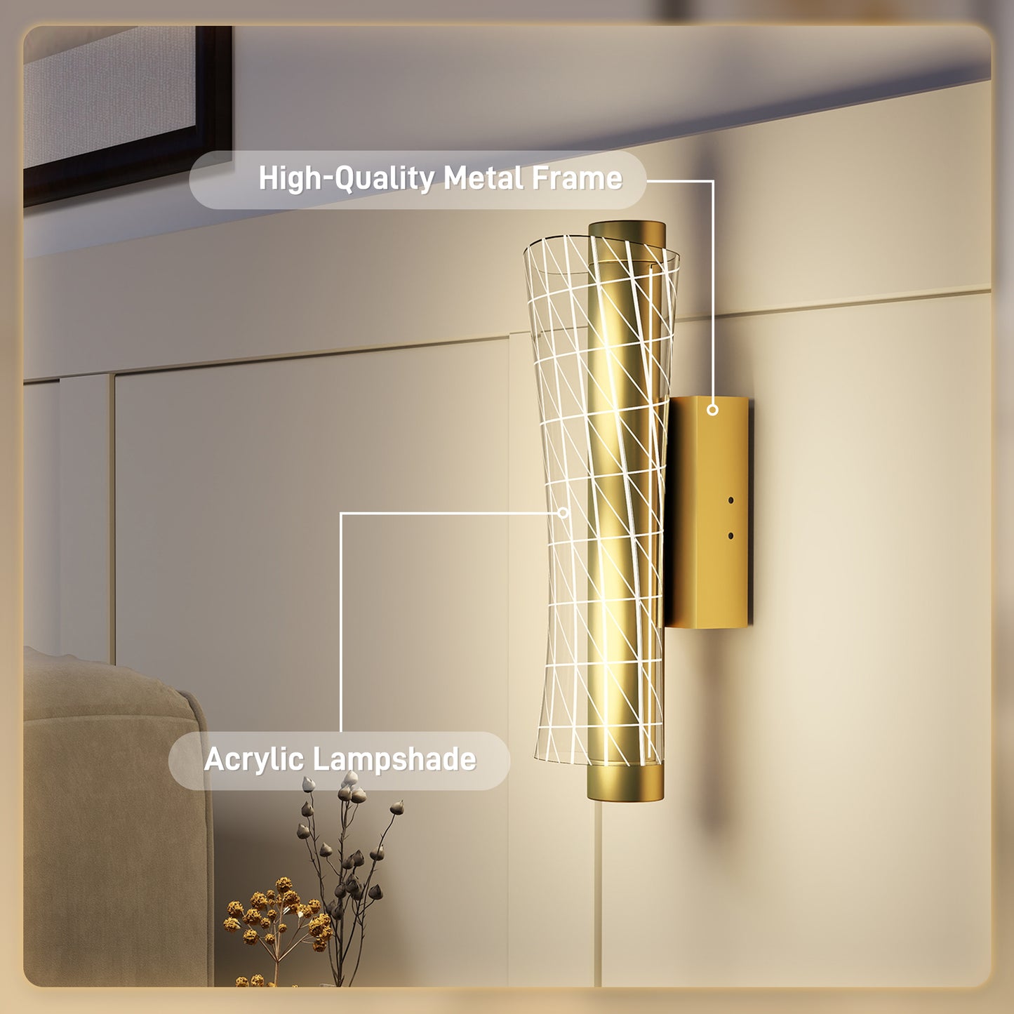 HOMCOM LED Wall Lamp 2-Pack, 9W Modern Geometric Mesh Light, Adjustable 3000K/4000K/6500K for Bedroom, Living Room, Hallway, Gold Tone