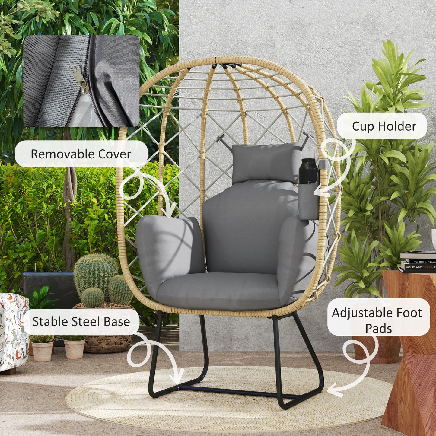 Outsunny Rattan Egg Chair for Outdoor/Indoor Use, with Cushion, Headrest, Cup Holder, Metal Frame, Grey
