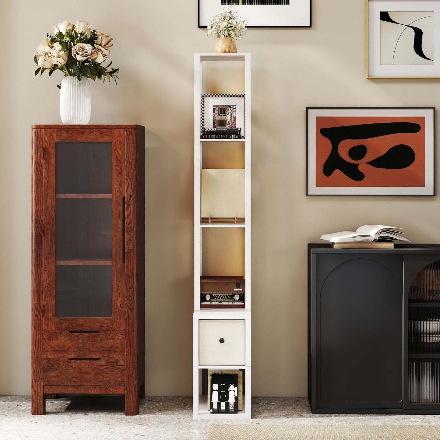 HOMCOM Floor Lamp with Shelves, LED Column Modern Standing Lamp, Adjustable Brightness, Foot Switch, Fabric Drawer, for Living Room, Bedroom, Office, White