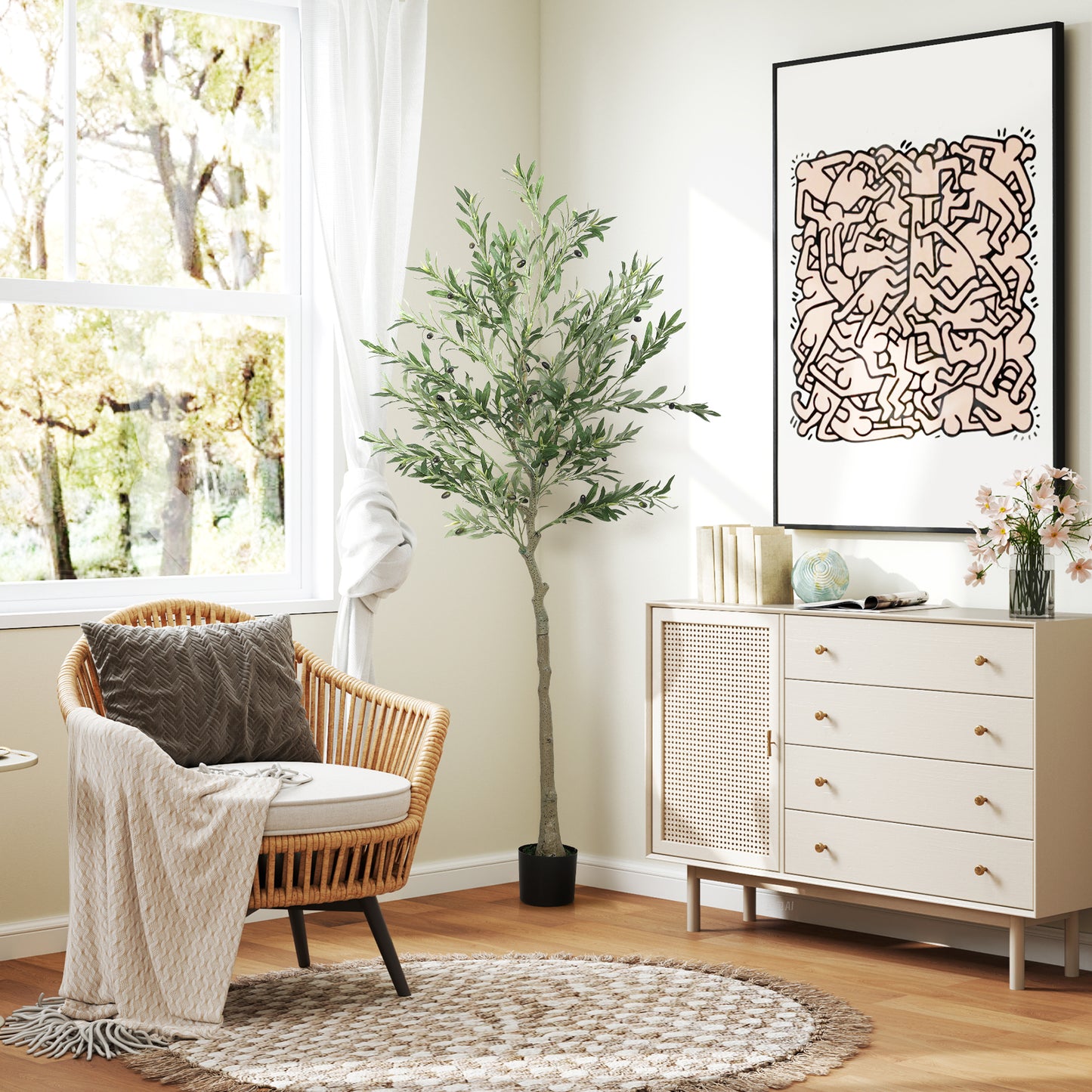 HOMCOM 6ft Artificial Silk Olive Tree, 900 Leaves, 40 Olives, in Pot, Perfect for Home, Office, Living Room Decor, Green.