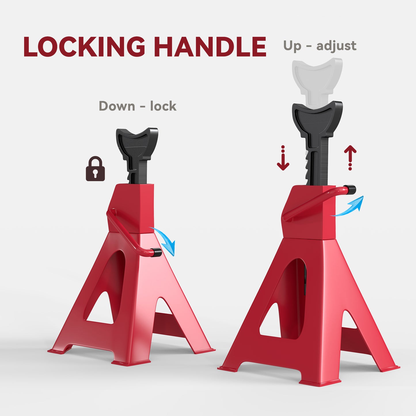 HOMCOM Axle Stands 3 Ton, Pack of 2, 38.5-60 cm Adjustable Heavy Duty Car Lift Tool for Vehicles, Caravans, Workshops, Red