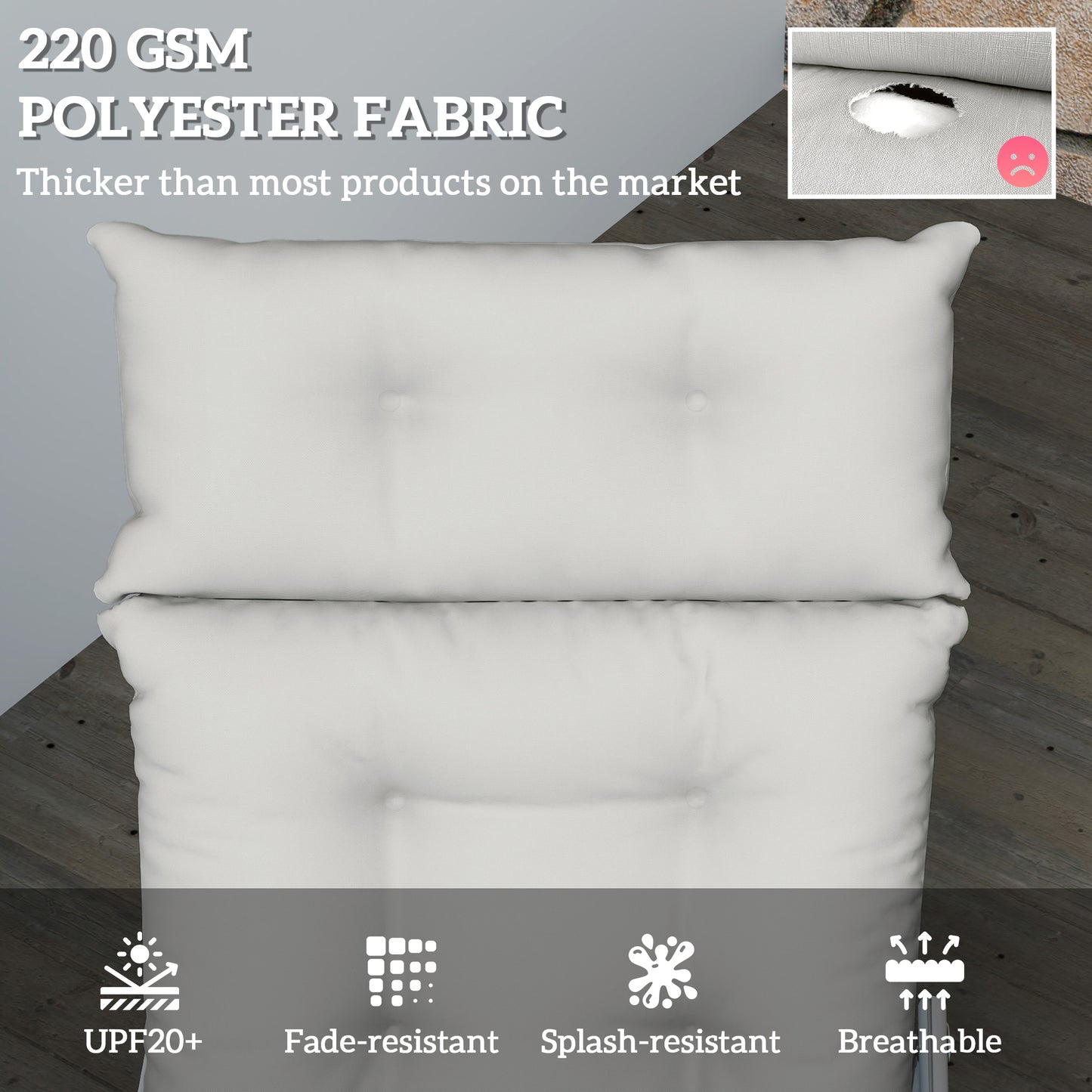 Outsunny Sun Lounger Cushion, 190x56x10cm, UPF20+ Fabric, Replacement with 6 Ties, Light Grey