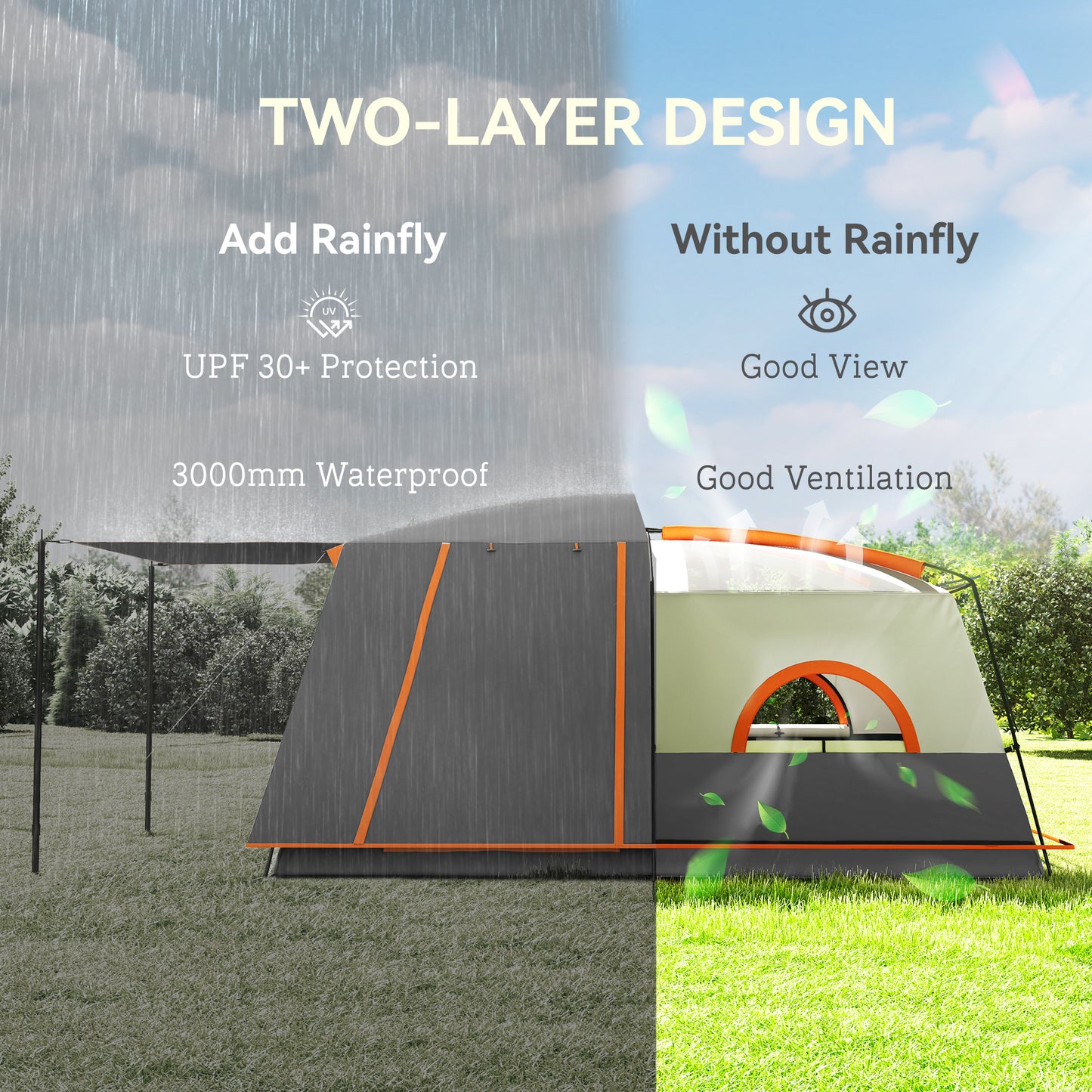 Outsunny Camping Tent, 4-6 Man, Double Layer Tunnel with Porch, Living Area, 2 Bedrooms, Waterproof, UPF 30+, Portable with Bag, Grey